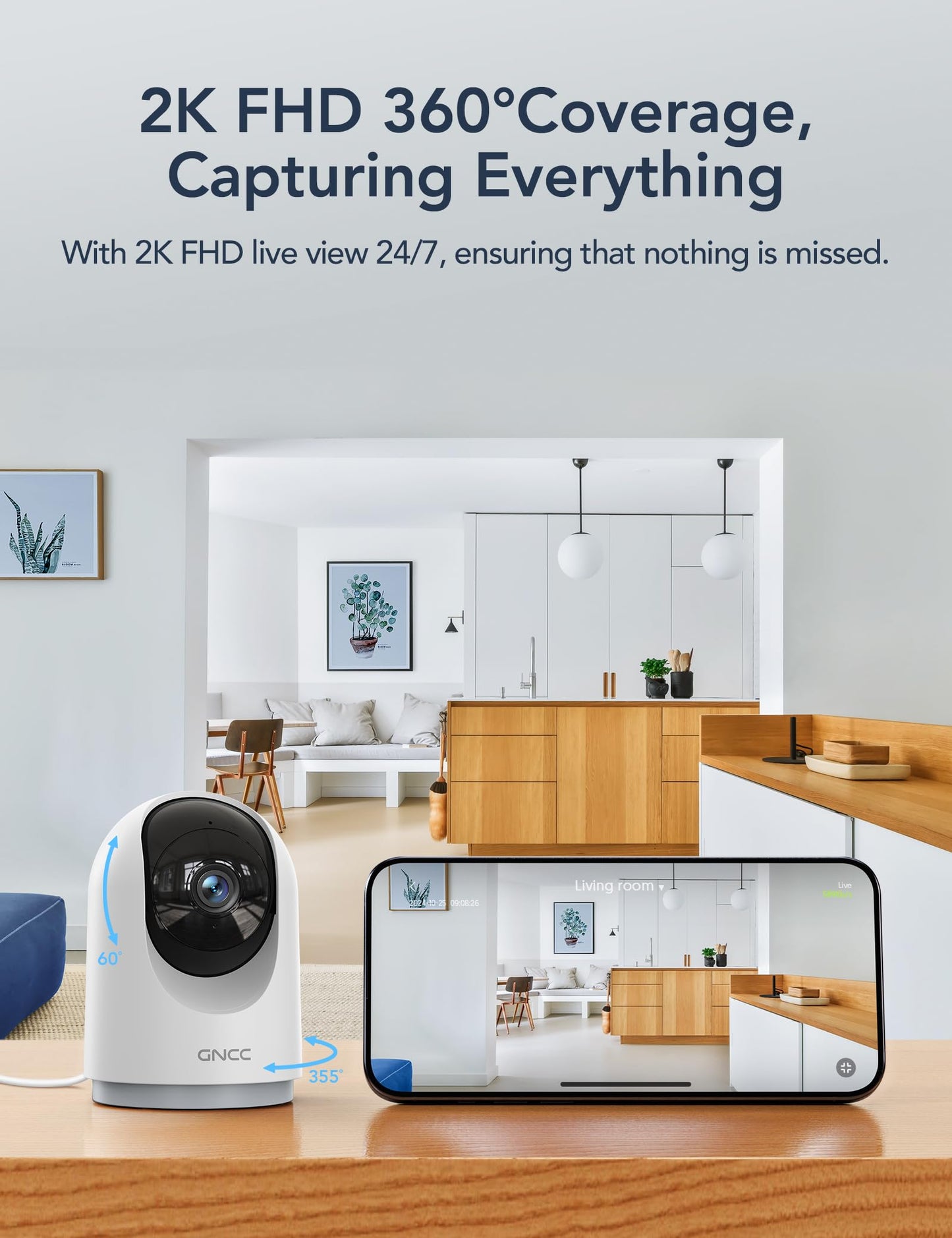 GNCC 2K Security Cameras 4pcs, Home Security Camera Indoor with 360° Motion Detection for Pets/Baby/Dog, Two-Way Audio, Night Vision, 24/7 SD Card