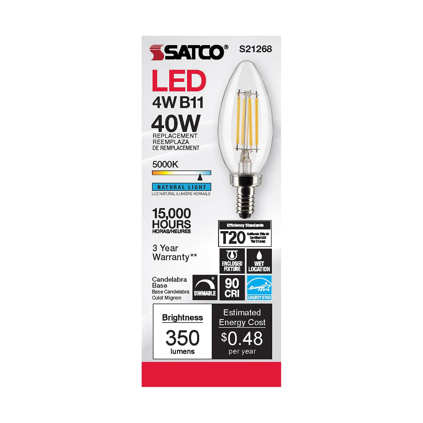 Satco S21268 B11 Candle LED Filament Light Bulbs 4W 120V 5000K Daylight 350 Lumen E12 Candelabra Base Dimmable Wet Location (6 Pack)