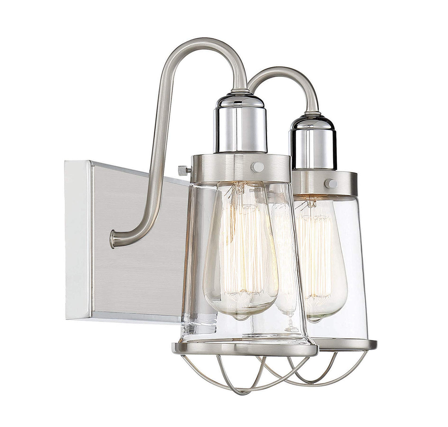Savoy House 8-1780-2-111 Lansing Industrial Nautical Clear Glass Bathroom Vanity Wall Light, 2-Light 120 Total Watts, 10" H x 14" W, Satin Nickel