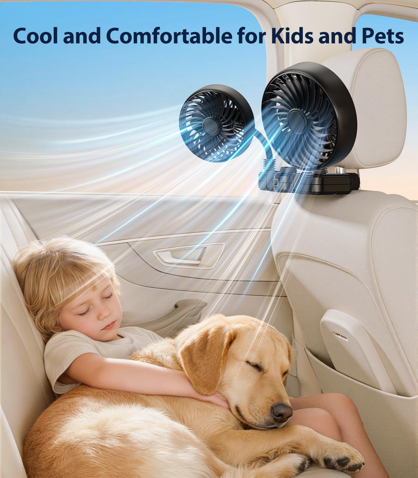 scenein Dual Head Gooseneck Car Cooling Fans for Back Seat for Kids, 3000mAh Battery Powered Rechargeable Usb Car Headrest Fan for Baby Rear Facing