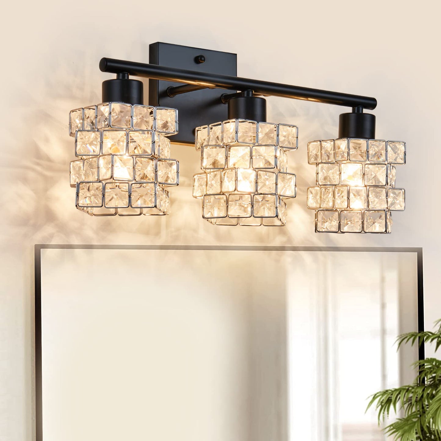 BEHIYA 3 Lights Bathroom Vanity Light, Crystal Bathroom Light Fixture Over Mirror, Matte Black & Crystal Rotateable Indoor Wall Lights | Chrome Glass