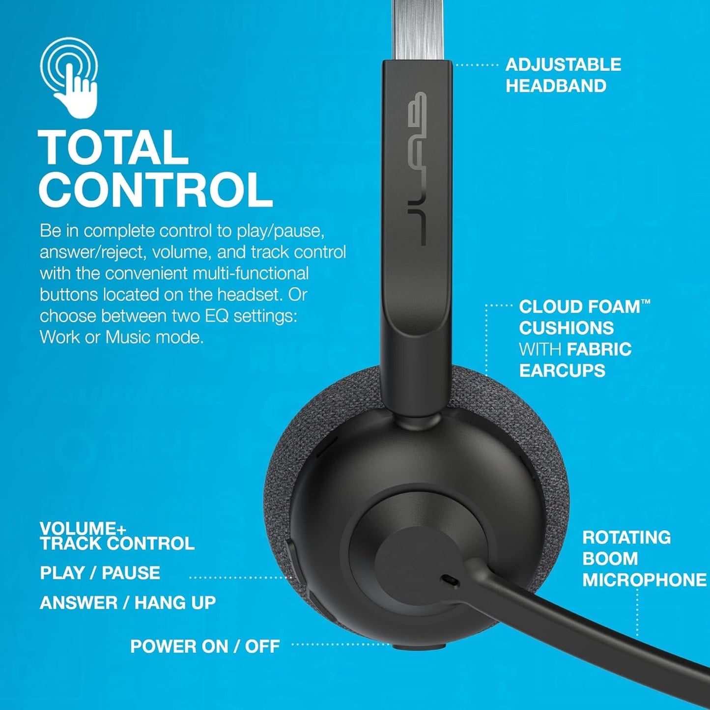 JLab Go Work Pop On-Ear Wireless Headset, Black, 50+ Hours Playtime, Bluetooth Multipoint, Rotating Boom Mic, Noise Canceling MEMS Microphone