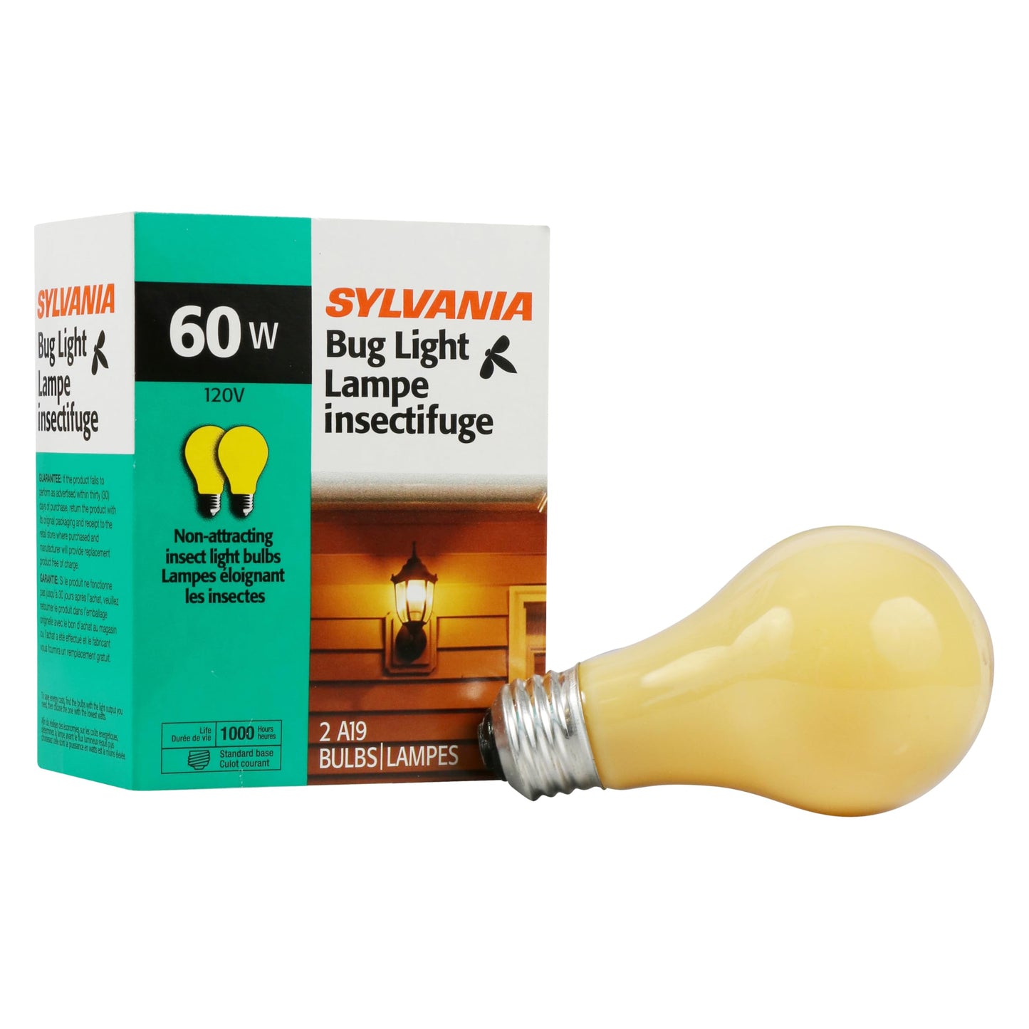 Sylvania Incandescent Yellow Bug Light Bulb A19 E26 Base, 60 Watt, 2 Pack