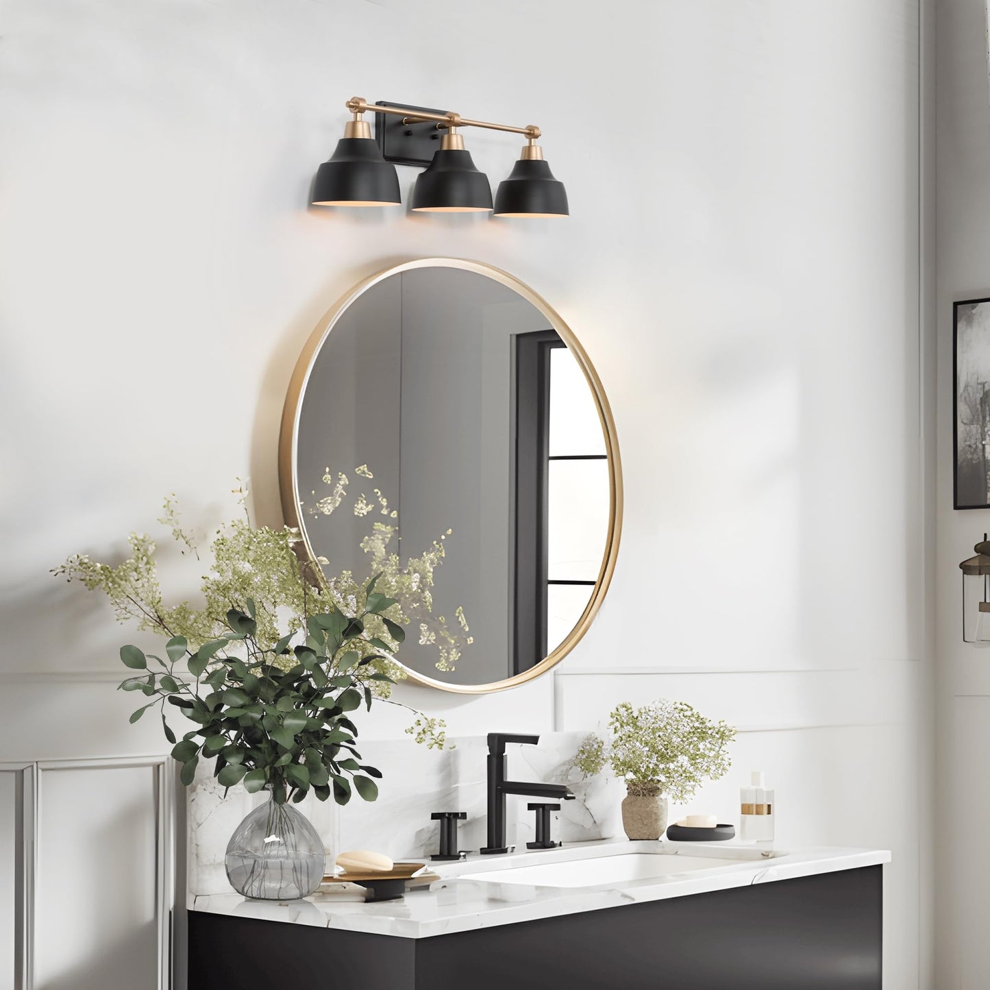 GEPOW Bathroom Wall Light Fixtures, 3-Light Black Gold Vanity Light, Modern Farmhouse Wall Lamp Over Mirror for Hallway, Bedroom, Kitchen, and Living