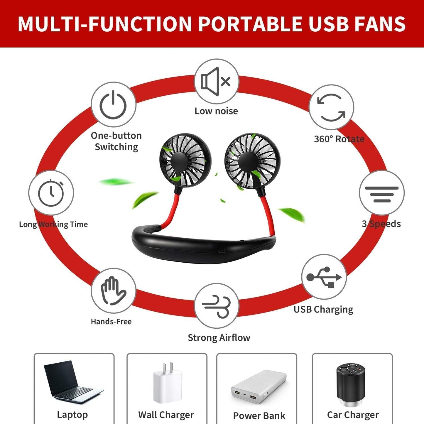 Personal Sport Neck Fan Portable, XUNMEJ Hand Free Mini USB Rechargeable Neckband Fans with 6-13 Hrs Runtime 2000mAh 3 Speed 360 Degrees Free Rotation