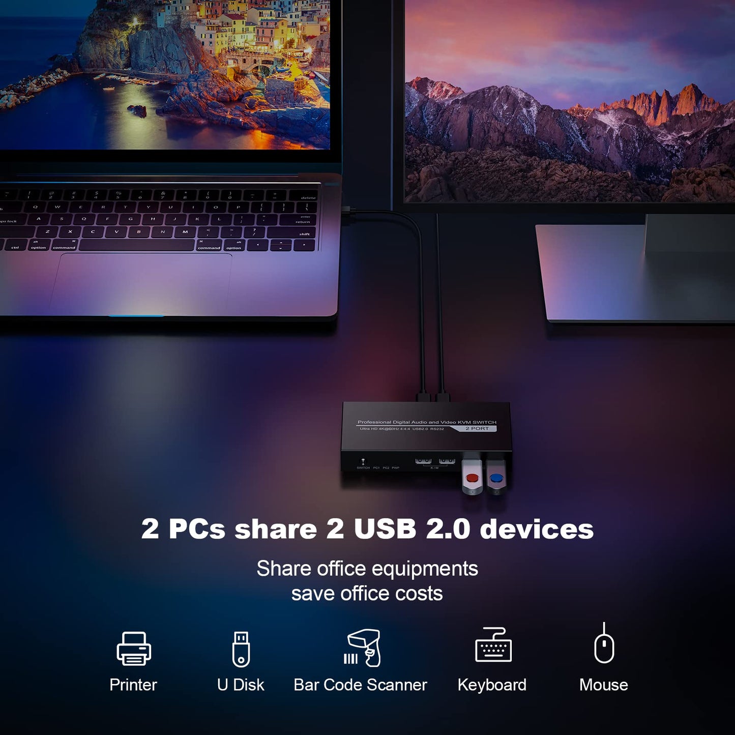 KVM Switch HDMI 2 Port, JCHICI 4K@60Hz USB KVM Switcher for 2 Computers Share 1 HD Monitor and a Set of Keyboard Mouse Printer U Disk