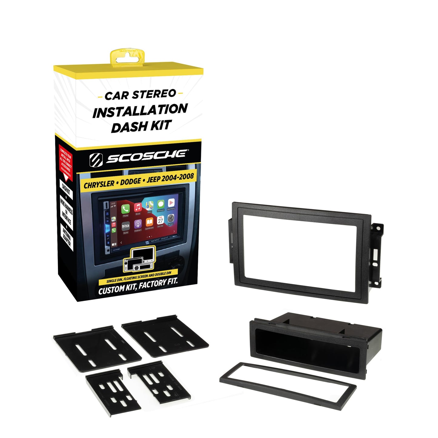 Scosche CR1289B Radio Install Dash Kit Compatible with Select 2005-08 Chrysler, Dodge & Jeep - Fits Double DIN or Single DIN with Storage Pocket - Car