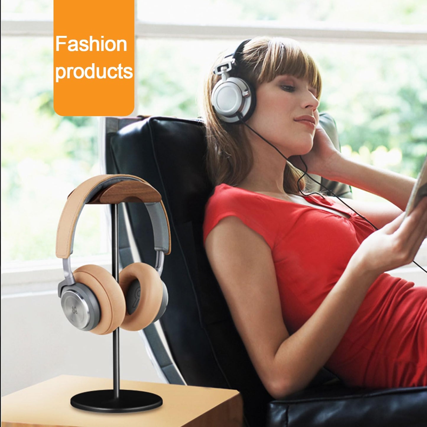 Micool Headphone Stand, Aluminium and Wood Gaming Headset Stand Holder for All Size Headphones with Stable Heavy Base, Headphone Holder for Desk