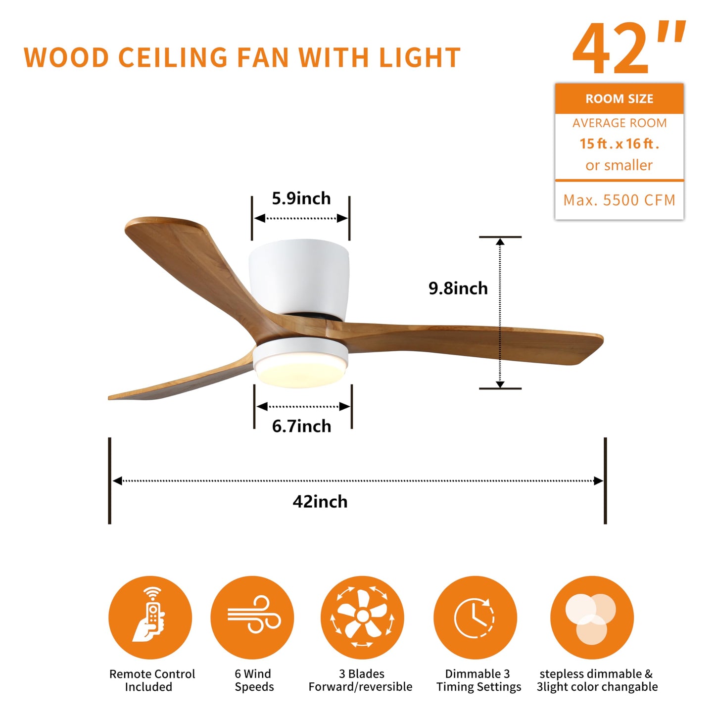 FUCIHOMA 42 inch Wood Ceiling Fans with Lights and Remote, Modern Flush Mount Low Profile Ceiling Fan with Light, 6 Speed, Reversible DC Motor,
