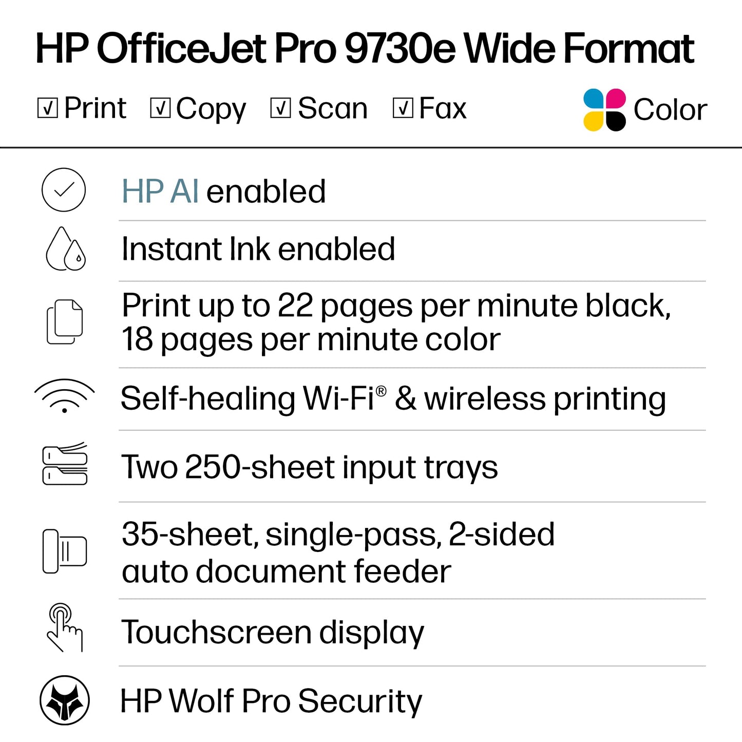 HP OfficeJet Pro 9730e Wide Format Wireless All-in-One Color Inkjet Printer, Print, scan, Copy, ADF, Duplex Printing Best-for-Office, 3 Month Instant