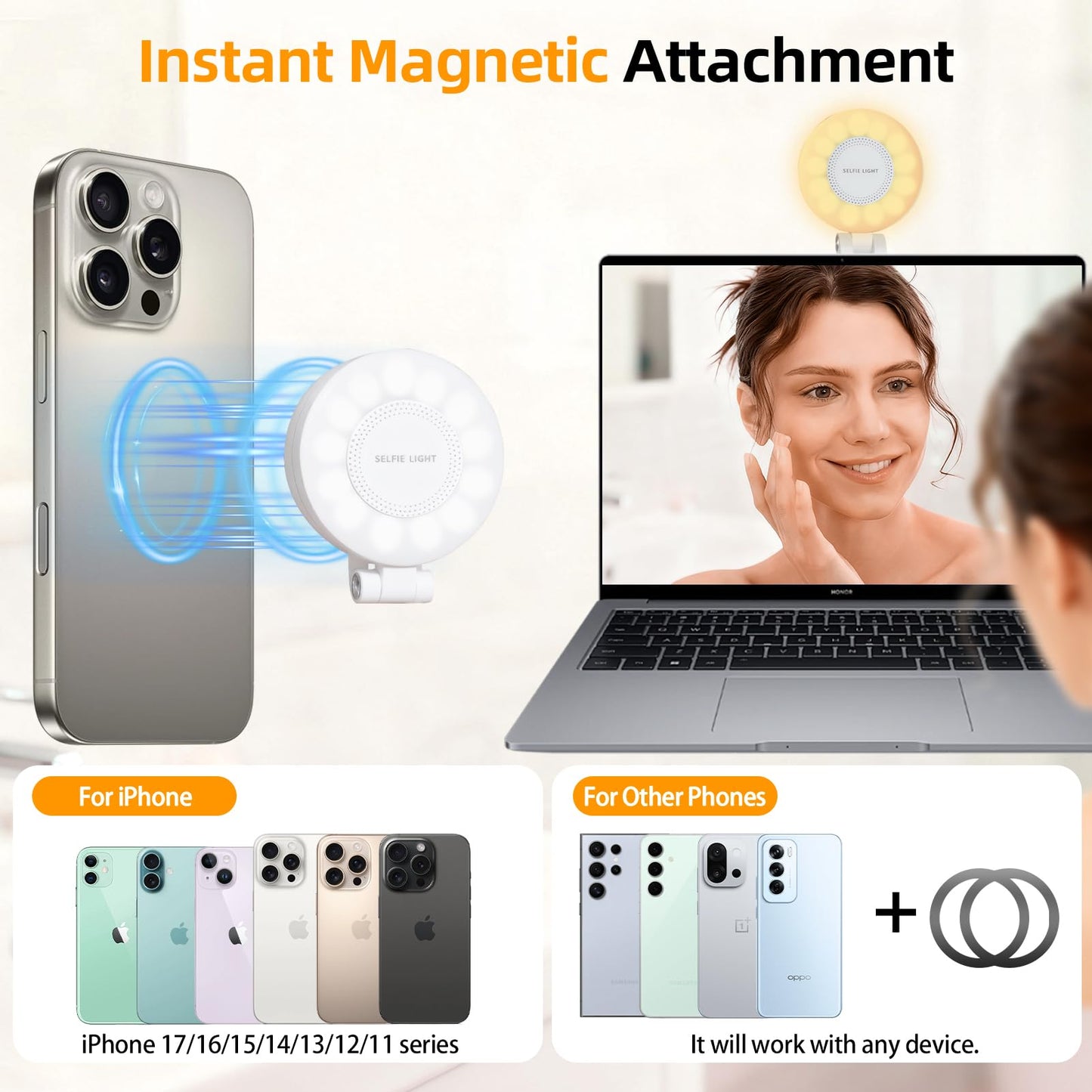 Magnetic Selfie Light for iPhone with Mirror Foldable Magnetic Fill Light with Sticky Ring for Android Rechargeable Portable Phone Ring Lights