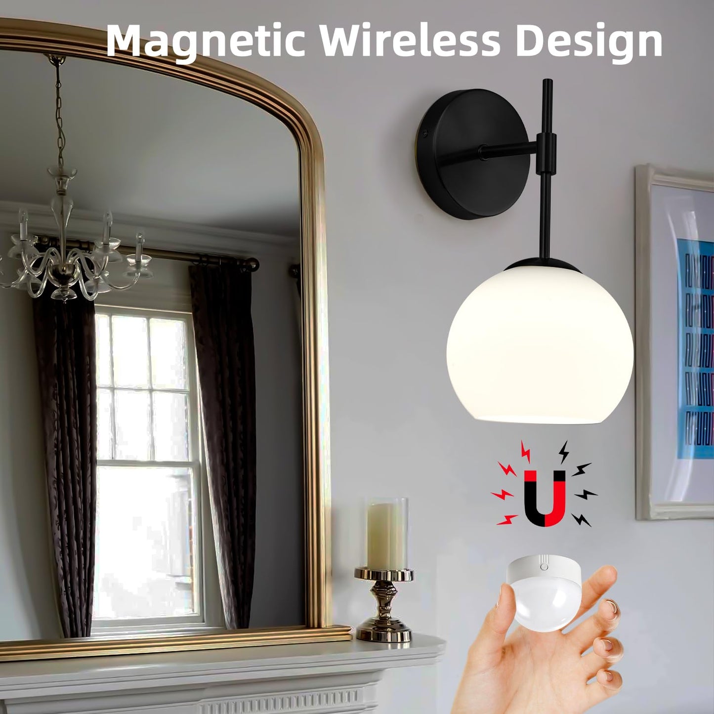 NOVCAND Battery Operated Wall Sconces Set of 2, Rechargeable Wall Lights with Milk Glass Shade, 12 RGB and 3CCT Dimmable, Wireless Wall Lamps