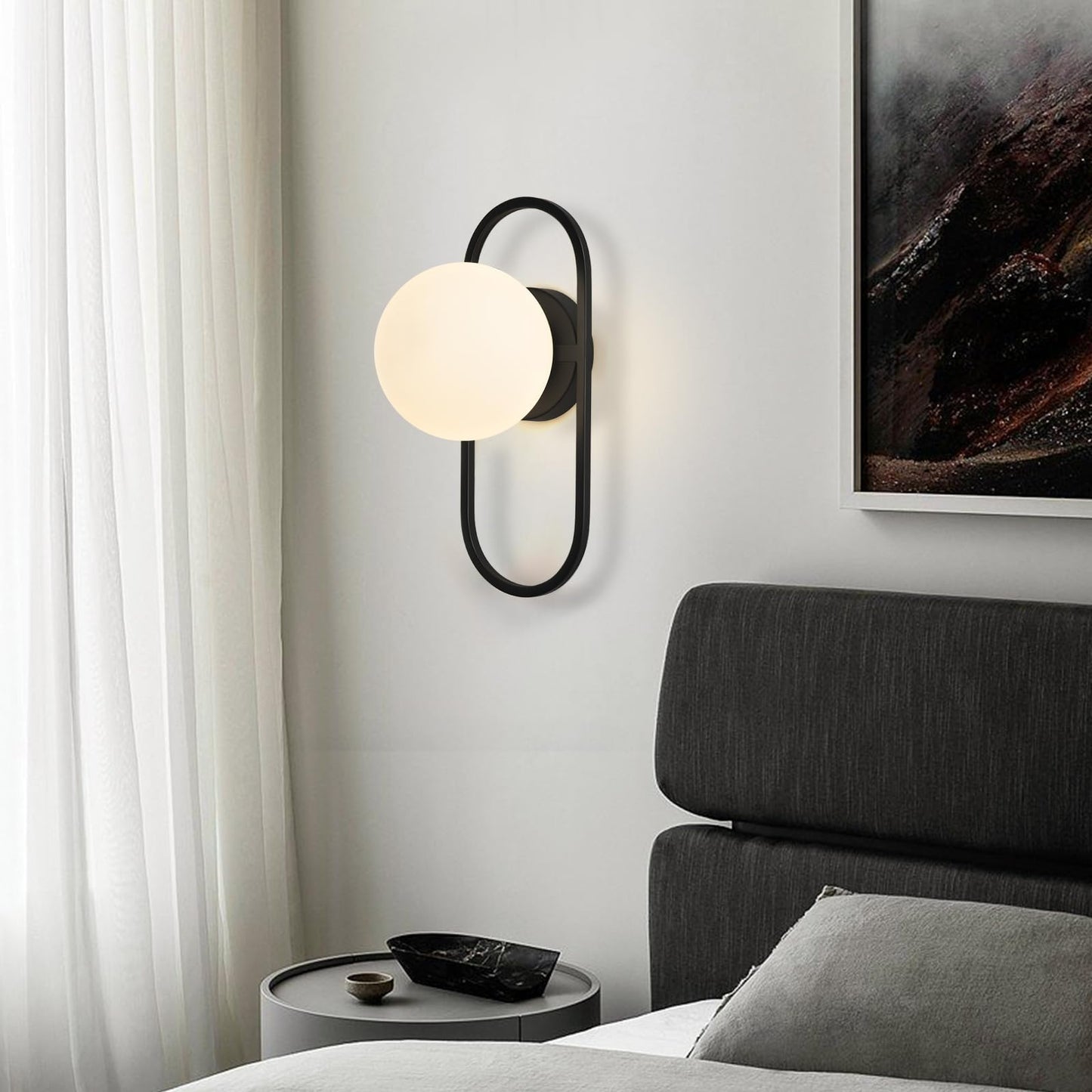 SeeU Vintage Black Wall Sconces Set of Two Globe Wall Lamp with Milky Glass Shades Modern Wall Light Fixtures for Living Room, Bedroom, Stairs