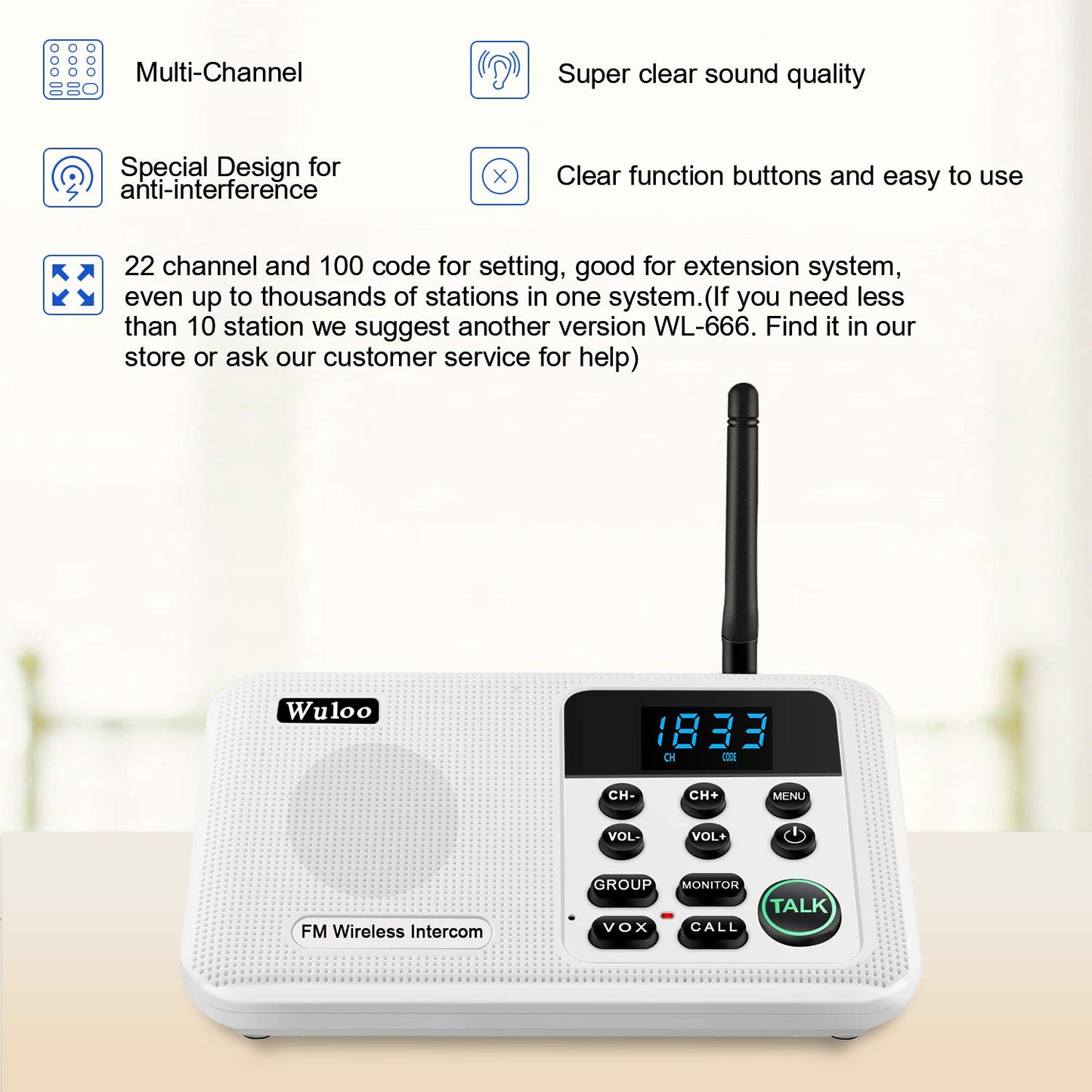 Wuloo Intercoms Wireless for Home 1 Mile Range 22 Channel 100 Digital Code Display Screen, Wireless Intercom System for Home House Business Office