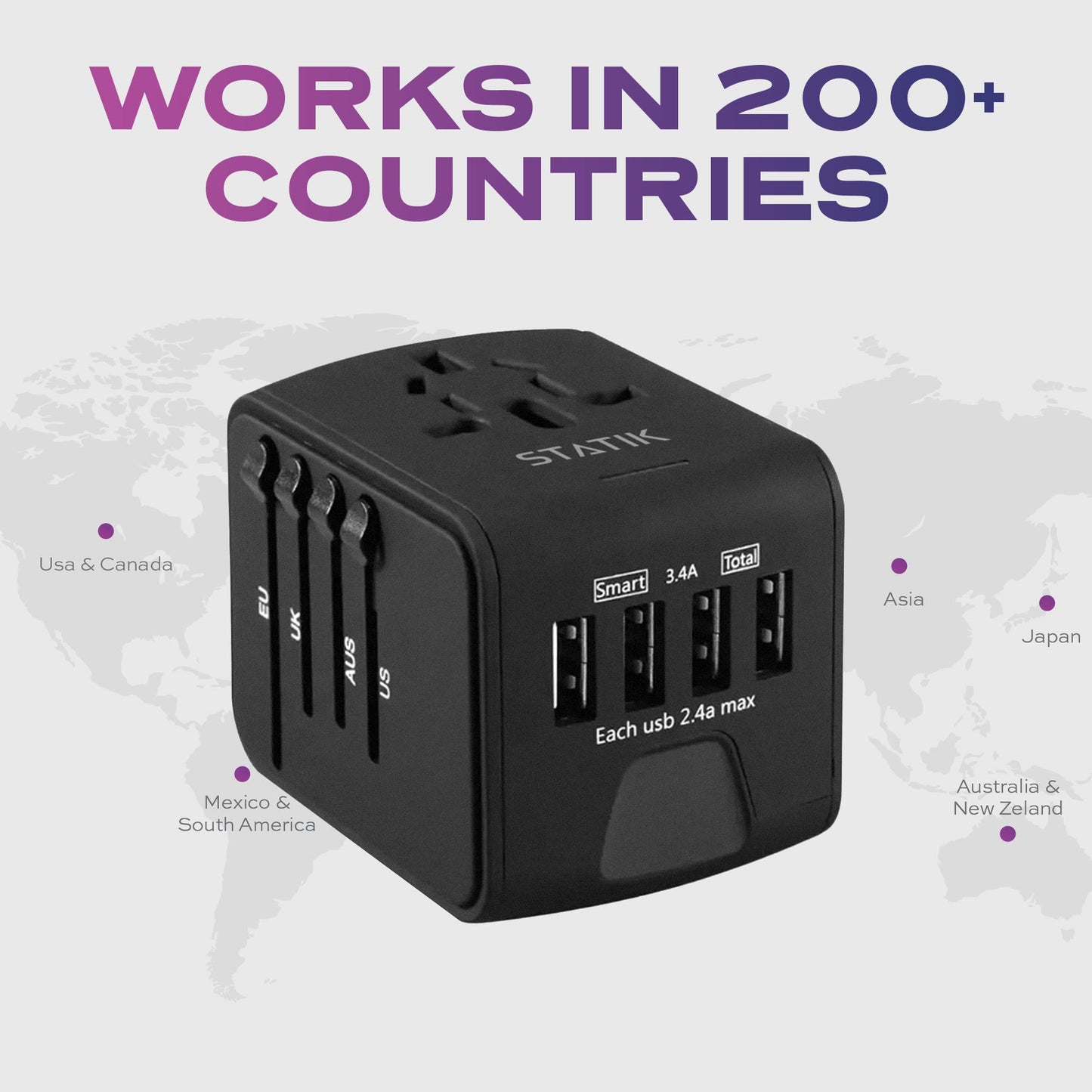 STATIK GloboCharge 12W Universal Travel Adapter Worldwide - International Power Adapter Plug Europe, UK, USA, Australia Slide Outlets, Universal…