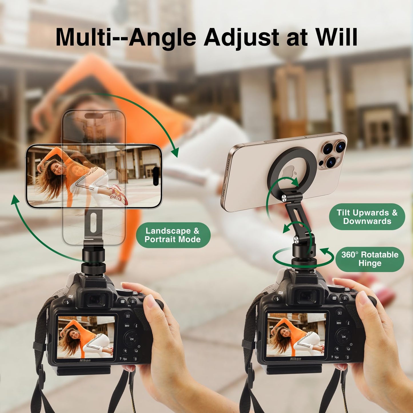 elitehood Aluminum Magnetic Camera Phone Mount with 360° Rotatable Cold Shoe Base, MagSafe iPhone Tripod Mount Adapter with 1/4” Screw & Hot Shoe
