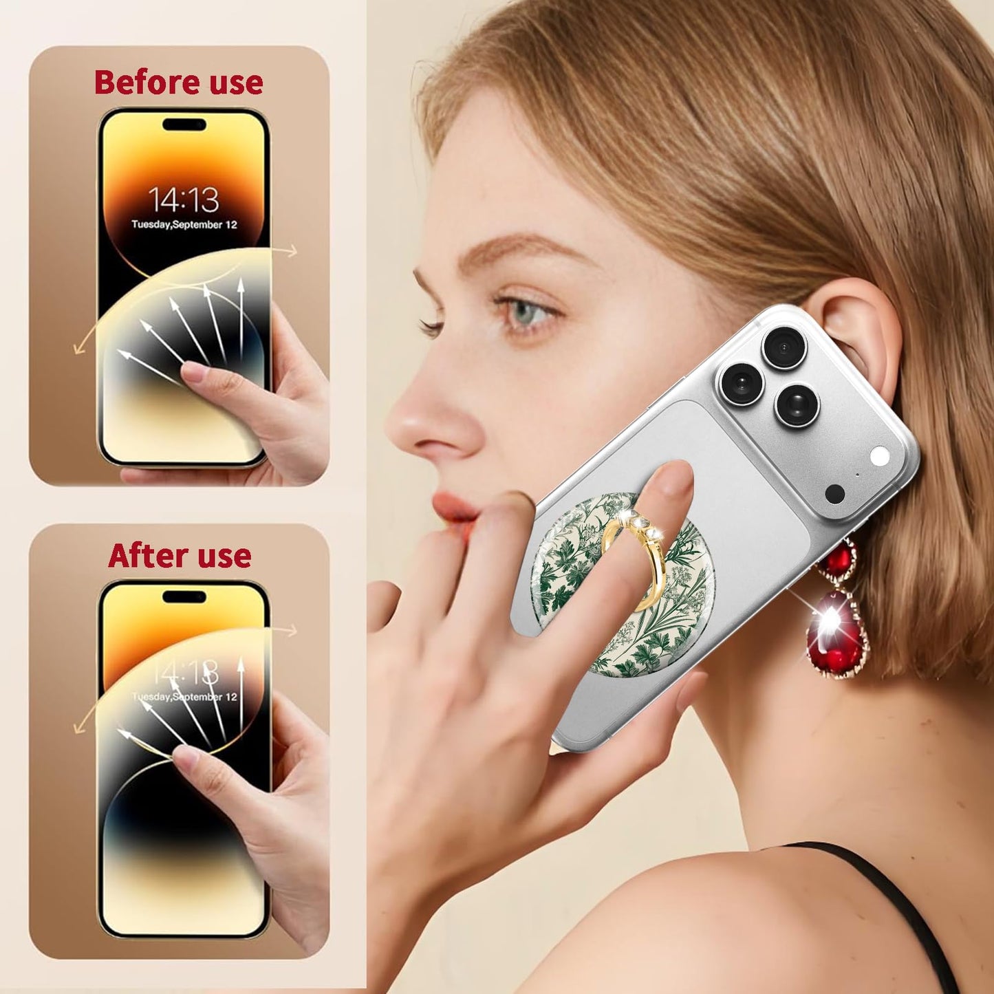 DANHRO Magnetic Phone Ring Holder Compatible with MagSafe, Cute Phone Grip Stand with 360° Rotation Gold Glitter Finger Ring Kickstand Accessories