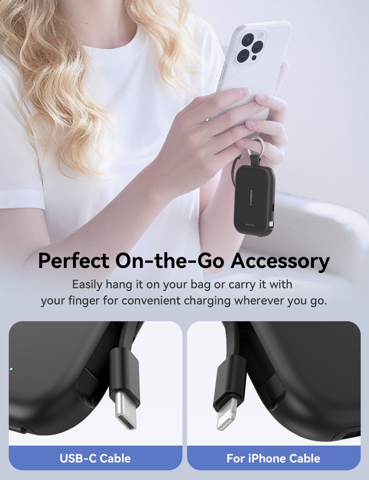 RORRY CharmGo Portable Charger, 5000mAh Portable Charger Power Bank with Built-in Cables, Travel Keychain Charger Battery Pack for iPhone