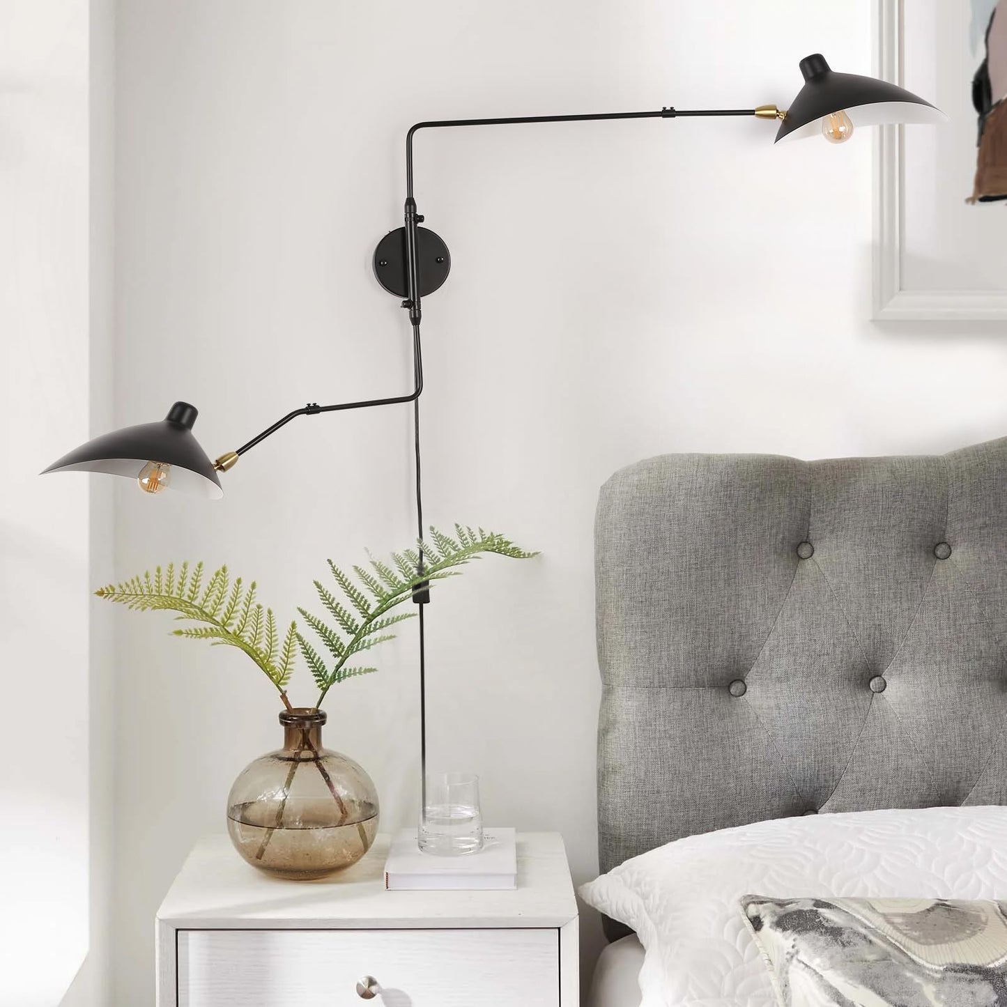 COSYLUX Modern Plug in Wall Sconces, 2-Light Double Swing Arm and Rotatable Beetle Shade Metal Wall Lamp, Vintage Reading Wall Light for Bedroom