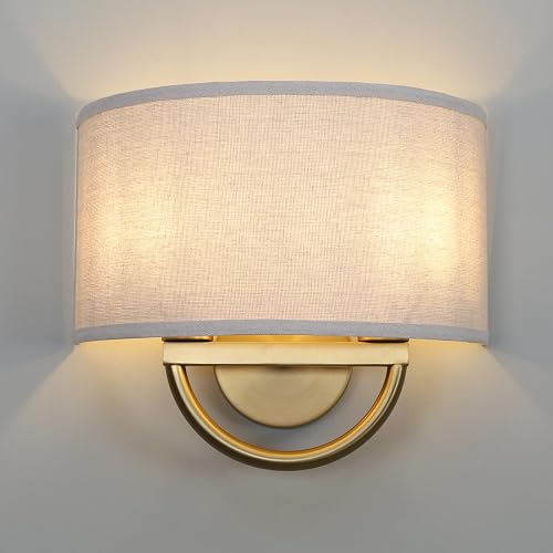 Yosoan Linen Fabric Cloth Boho Aged Brass Gold Wall Sconce Stairwell Fixture Light, 2-Light Dual Indoor Hardwired Vanity Vintage Wall Mount Lamp