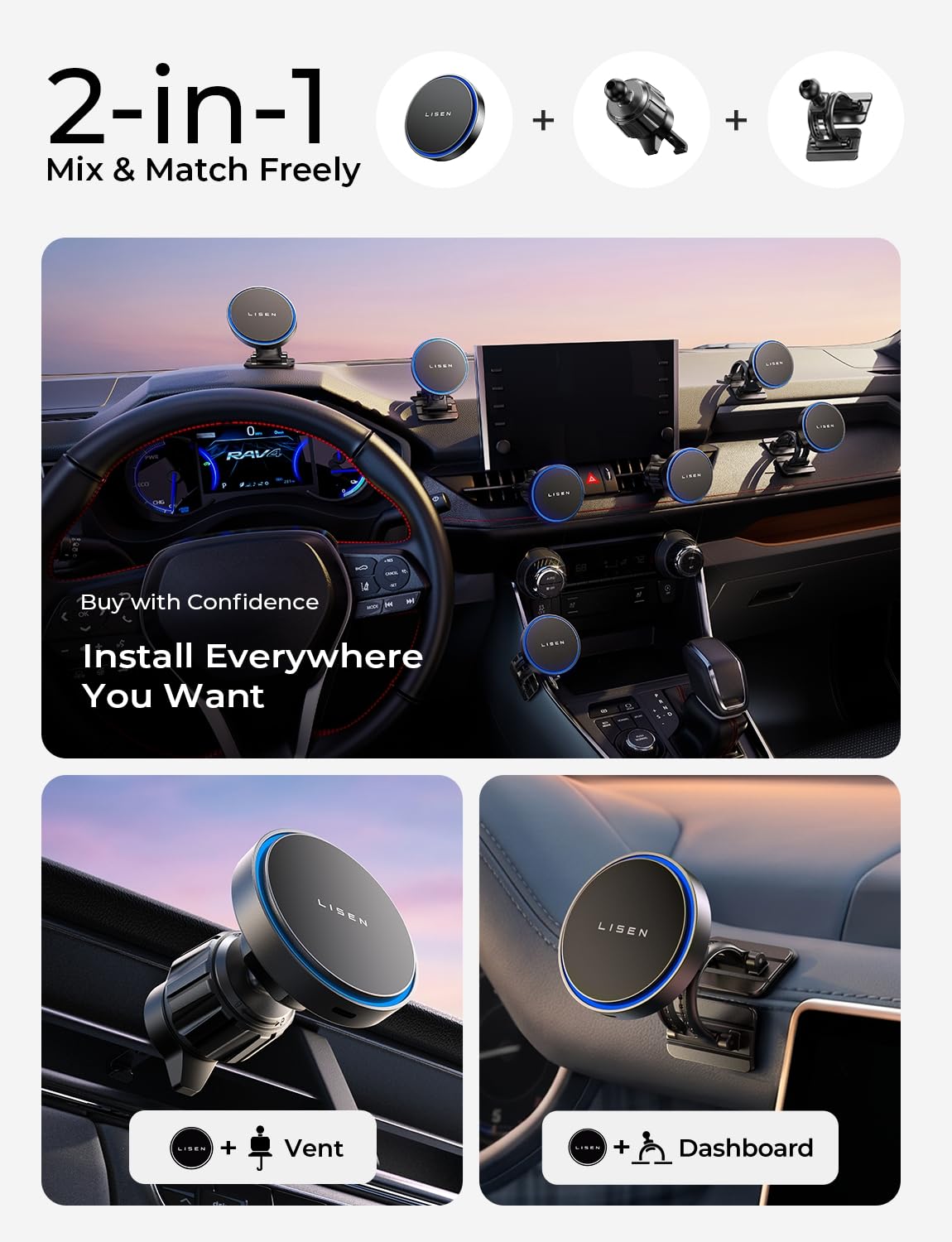 LISEN for 15W MagSafe Car Mount Charger,Magnetic Wireless Car Charger for iPhone 17 Pro Max Accessories,Magnetic Phone Holder for iPhone