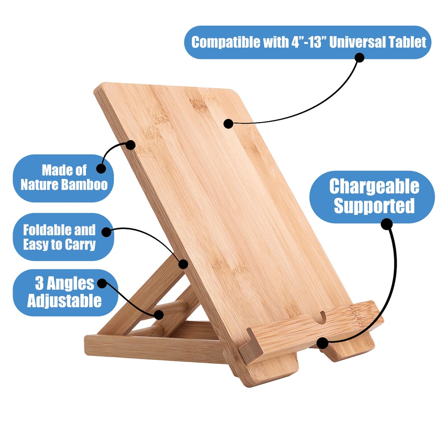 Collect Beauty Bamboo Tablet Stand Holder Adjustable Folding Wood iPad Stand with Chargeable Hole for Desk iPad Cooking Stand