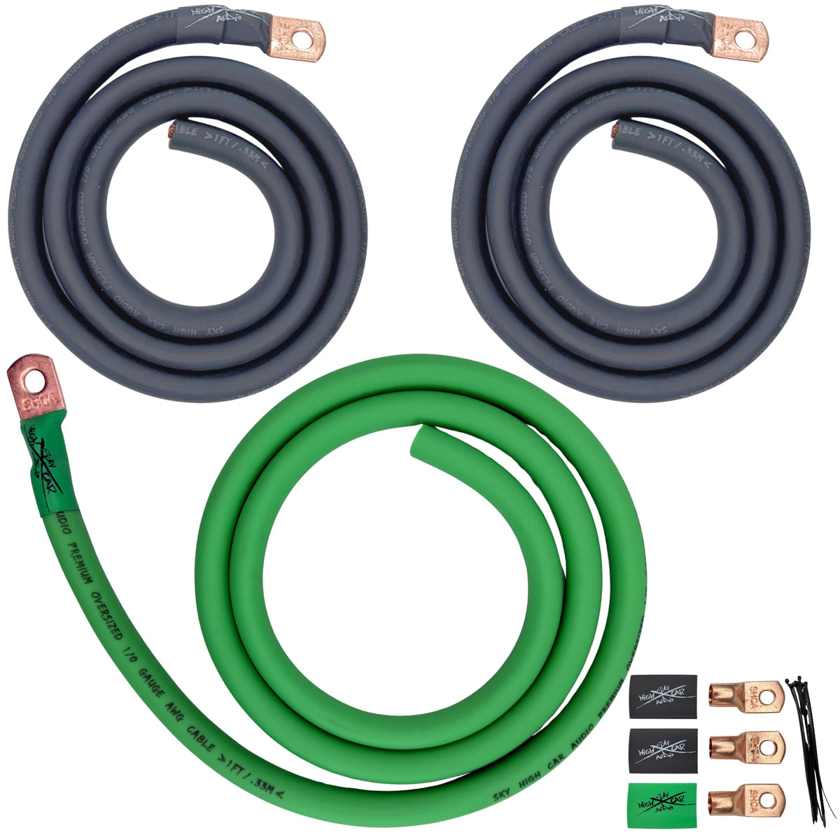 Sky High Oversized 1/0 Gauge AWG Big 3 Upgrade Green/Black Electrical Wiring Kit