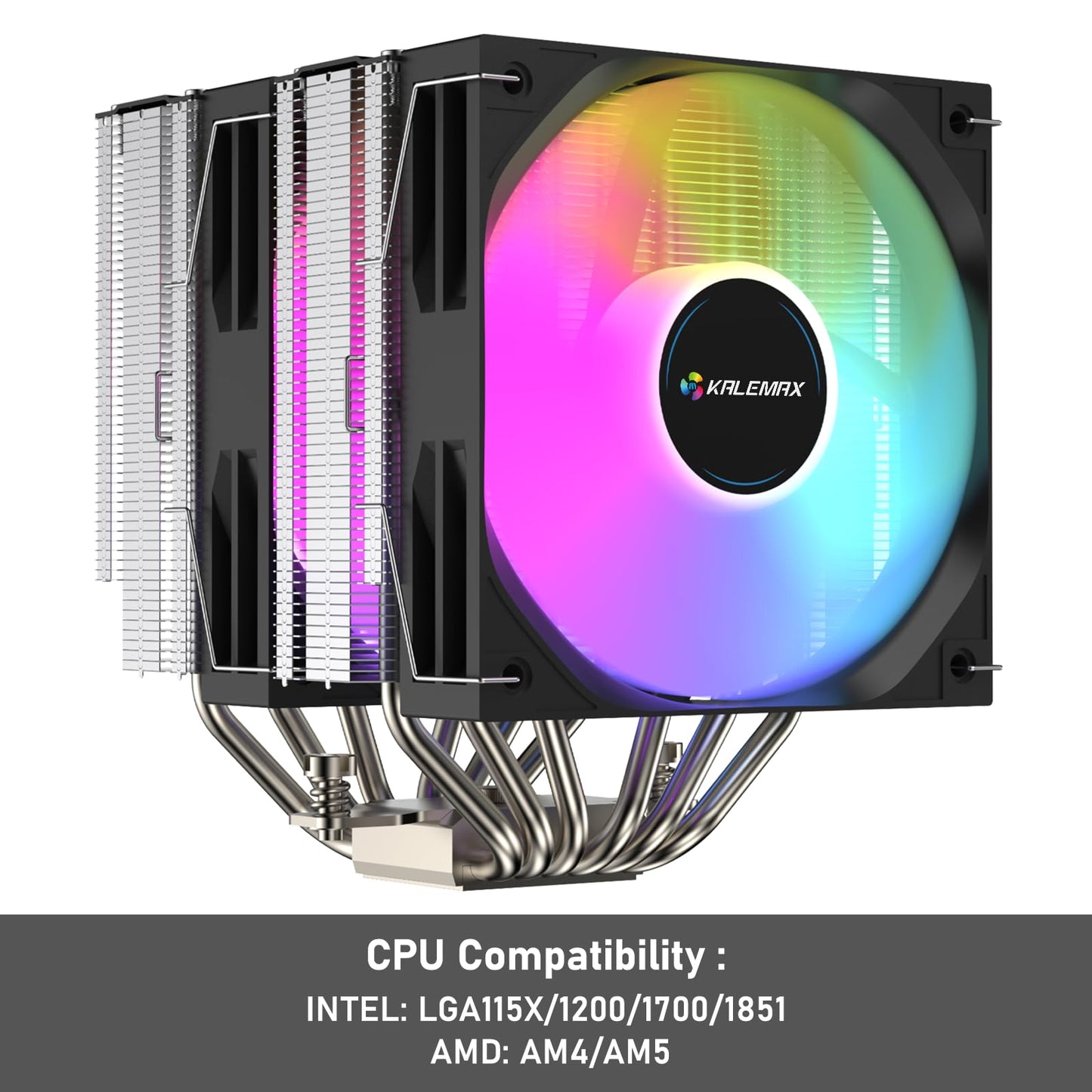 Kalemax CPU Cooler, Dual-Tower, 6×6mm Heat Pipes CPU Cooling, Dual 120mm ARGB PWM Fans, 2000RPM Speed, for AMD AM4/AM5/; Intel LGA