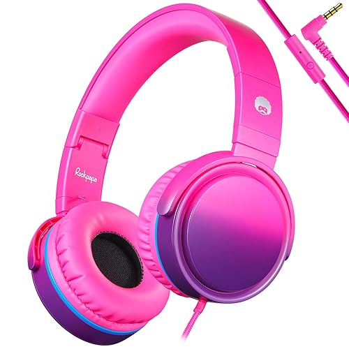 rockpapa Grade Wired Headphones with Microphone, Lightweight Foldable Stereo Bass Headphones with No-Tangle Cord & 3.5mm Jack for Women/Kids, Laptop…