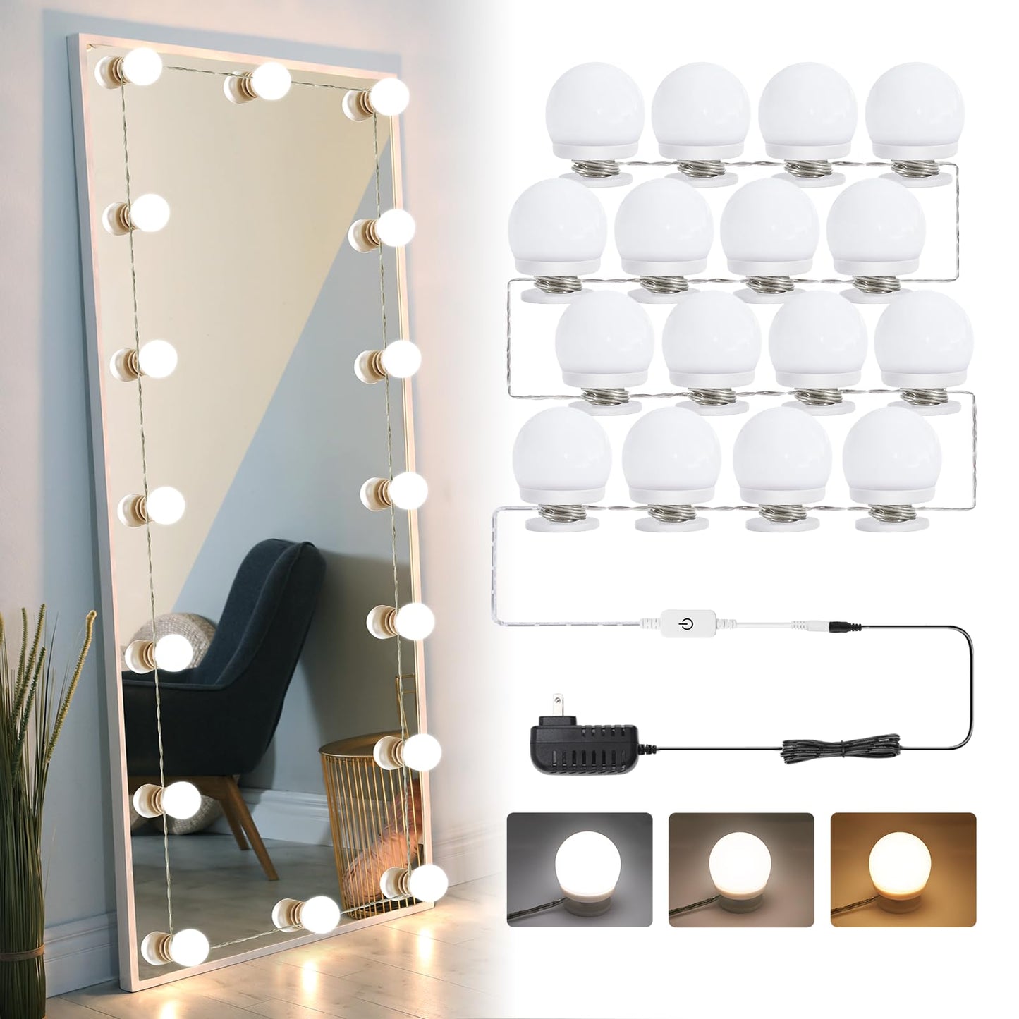 AIBOO Vanity Lights for Mirror, 16 Bulbs Makeup CCT Lighting, Dimmable Brightness & Adjustable Color Temperature, Plug in Stick on for Makeup Dressing