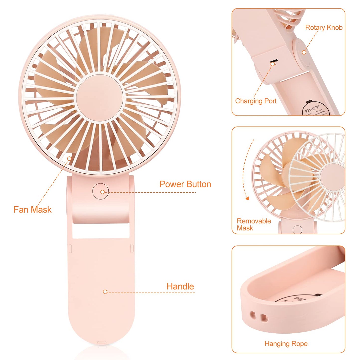 TriPole Mini Handheld Fan USB Portable Fans Rechargeable Battery Operated Foldable Desk Fan 3 Speed Hanging Personal Fan for Home Office Indoor Use