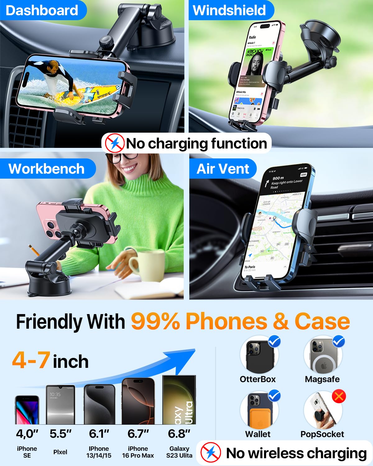 HTU Car Phone Holder?2026 Upgraded 100+LBS Suction & Safety Cert? Cell Phone Car Mount for Truck Heavy Duty Phone Holder for Dashboard/Windshield/Vent