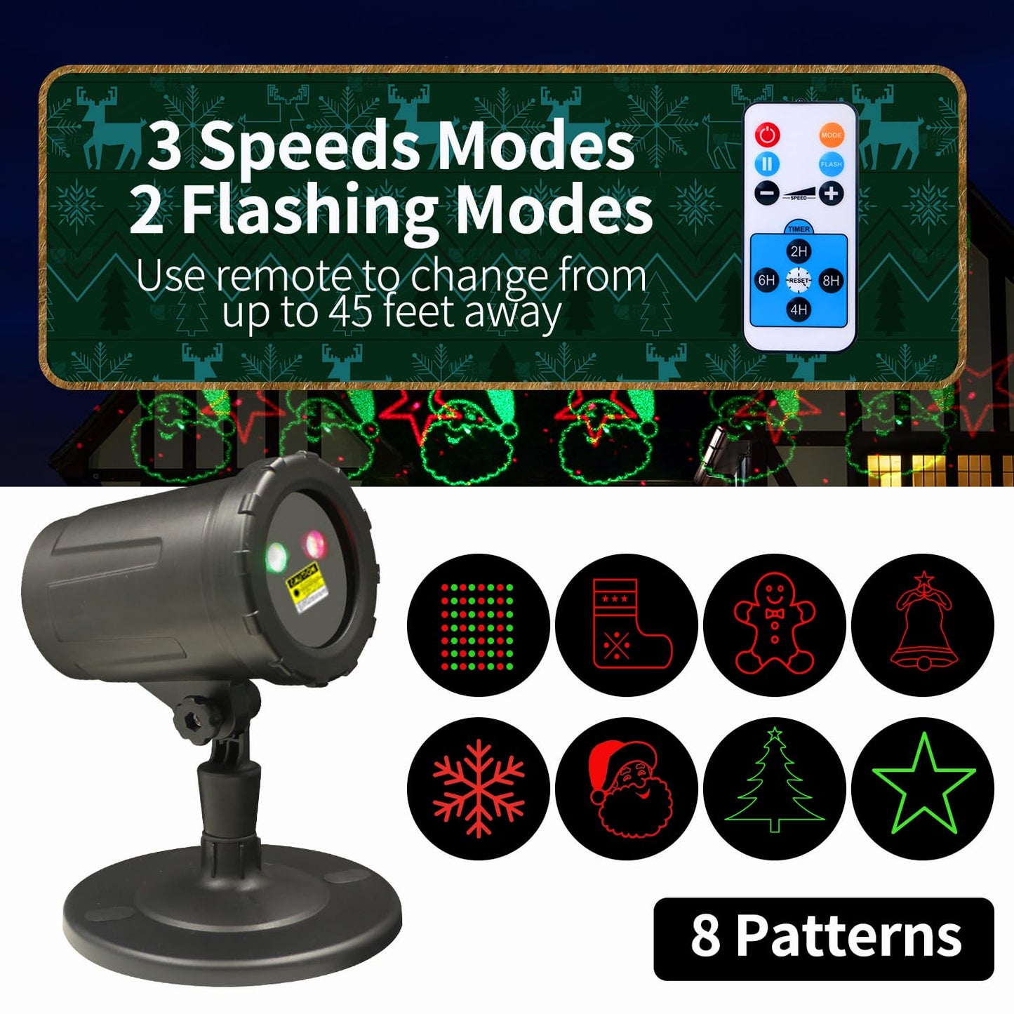 2-Pack Christmas Projector Lights Outdoor Laser Projection with Remote & Bonus Timer - 8 Festive Red & Green Patterns, IP65 Waterproof Xmas Laser