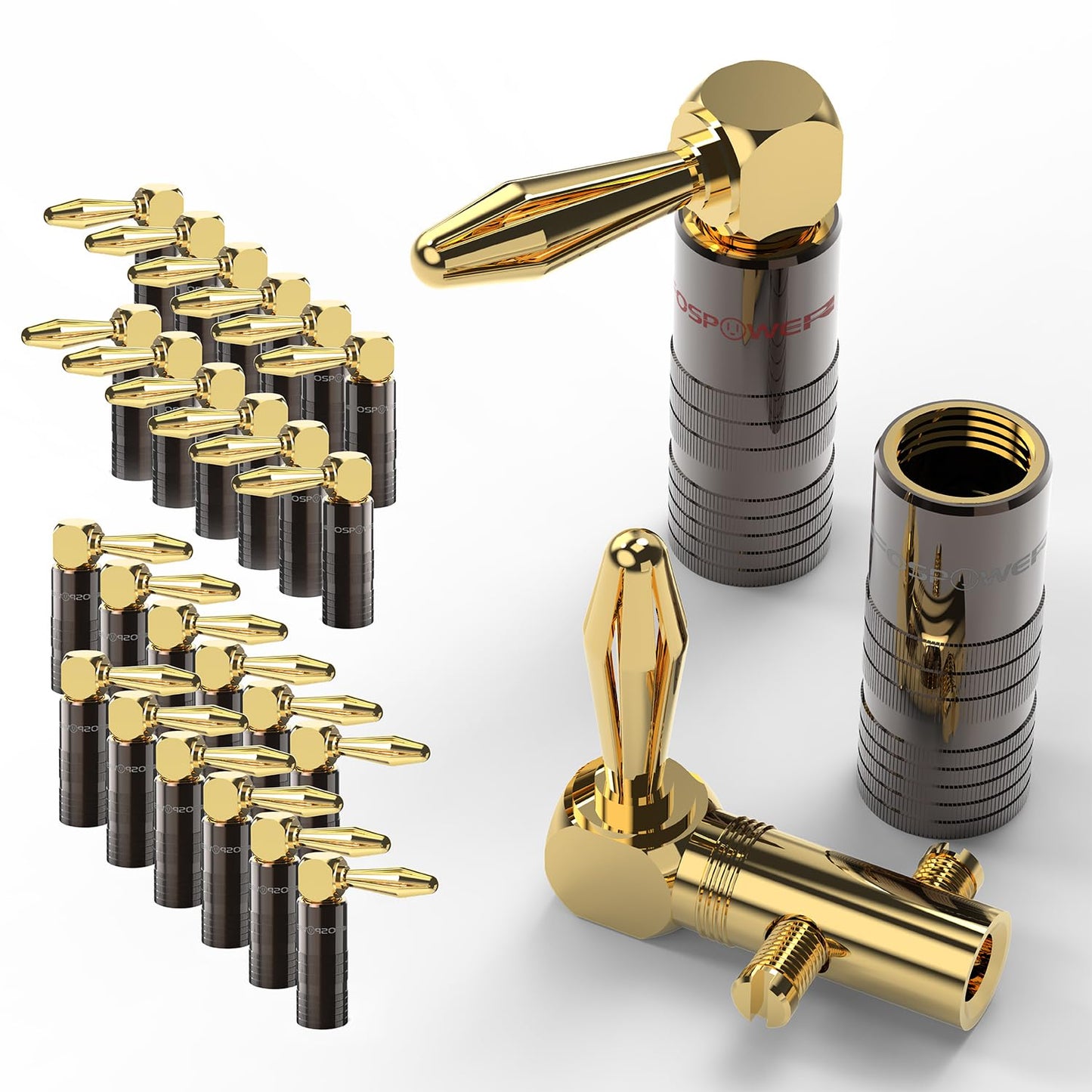 FosPower Right Angle Banana Plugs (12 Pairs / 24 pcs), Closed Screw 24K Gold Plated Banana Speaker Plug Connectors for Speaker Wire, Wall Plate, Home