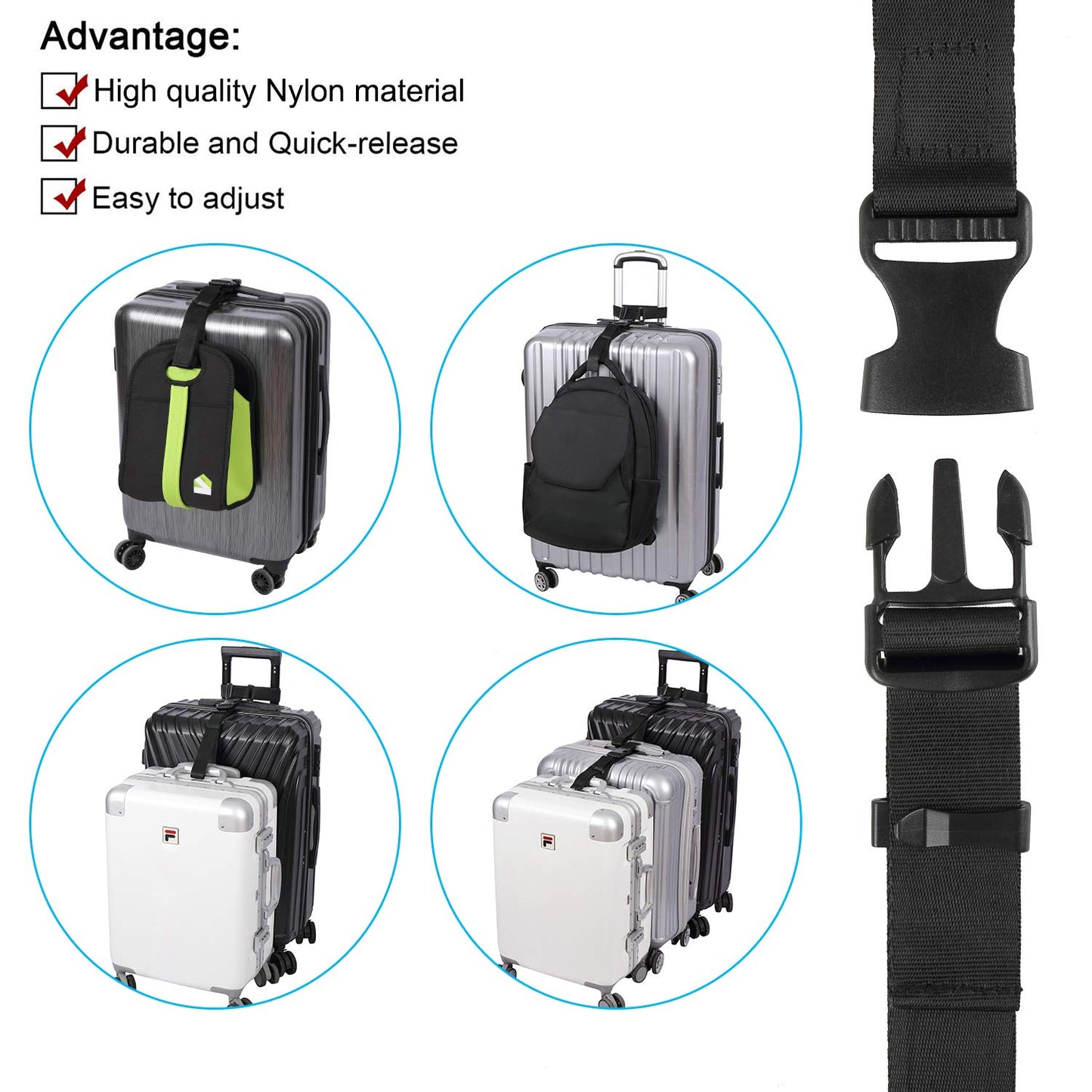 Vigorport Luggage Connector Straps 2-Pack – Adjustable Add-A-Bag Travel Accessories to Connect 3 Suitcases, Black, Extended Size