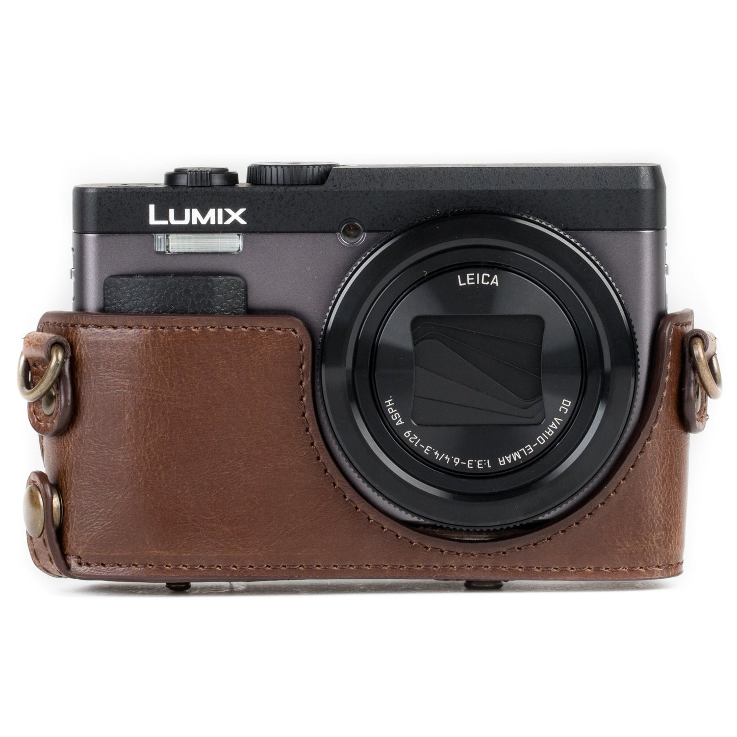MegaGear MG1259 Ever Ready Leather Camera Case compatible with Panasonic Lumix DC-ZS80, DC-ZS70, DC-TZ95, DC-TZ90 - Dark Brown