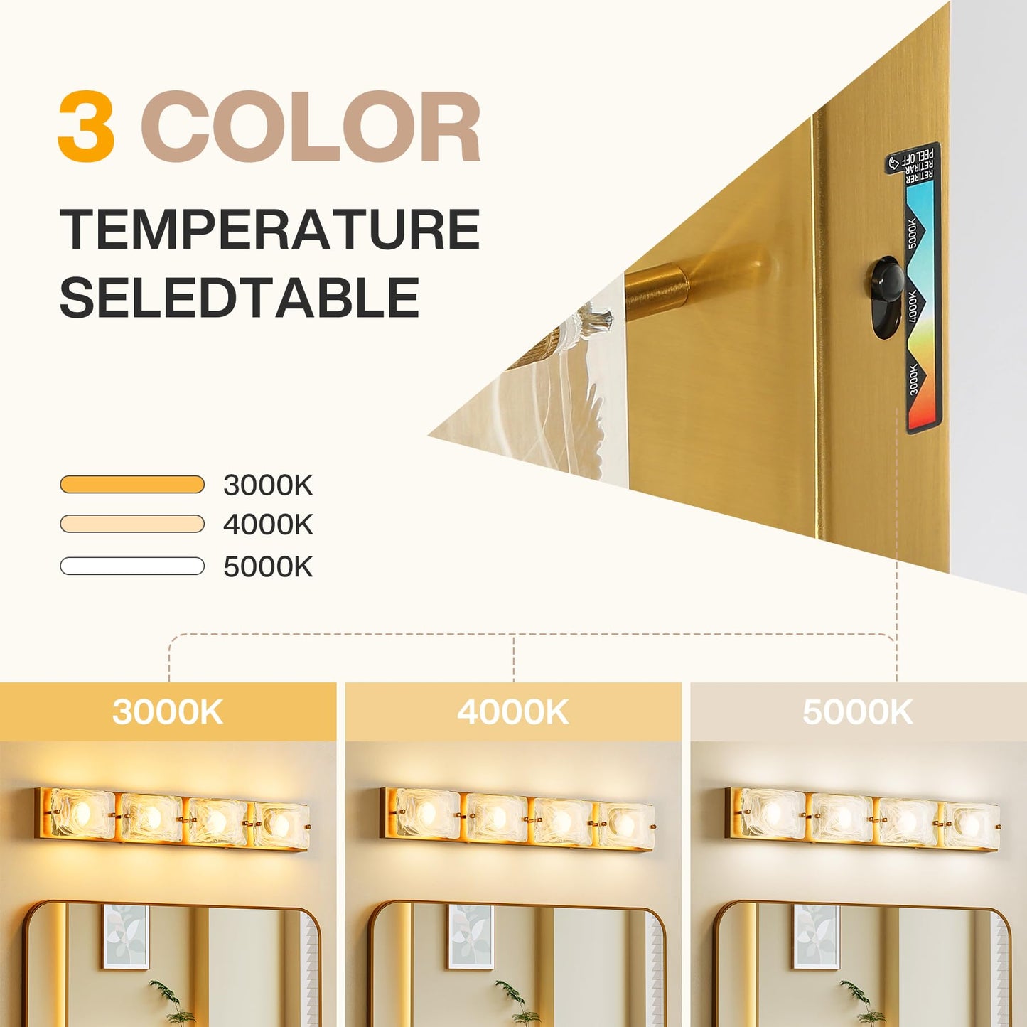 Tribesigns 4-Light Vanity Fixtures, Curved Cloud Glass Lampshades Gold Copper Plate, Modern Bathroom Wall Lighting Fixtures Over Mirror, 3CCT LED
