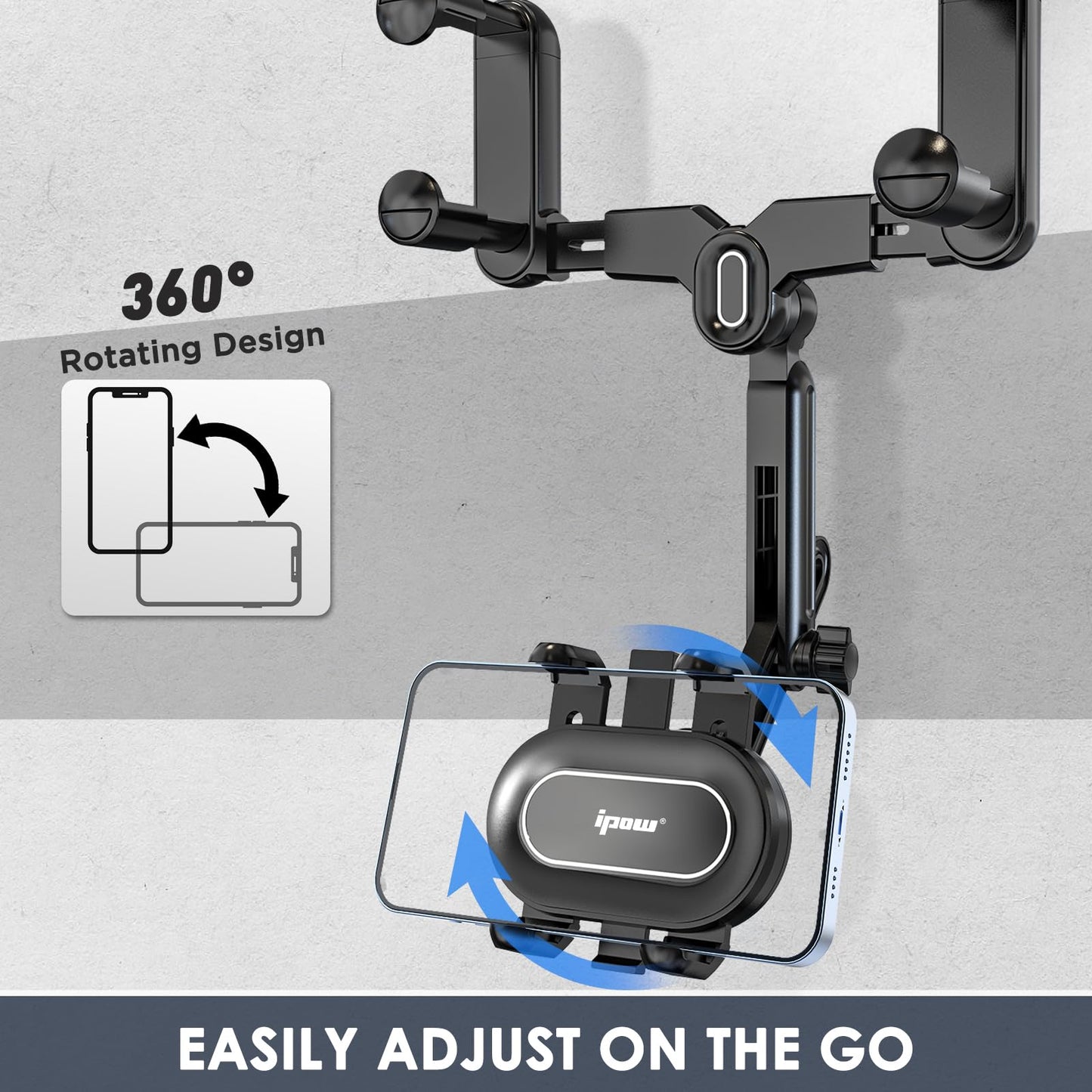 IPOW Large Rearview Mirror Phone Holder for Car 360°Rotatable and Retractable, 2024 Upgraded Four Corners Fixed Anti-Shake Multifunctional Design