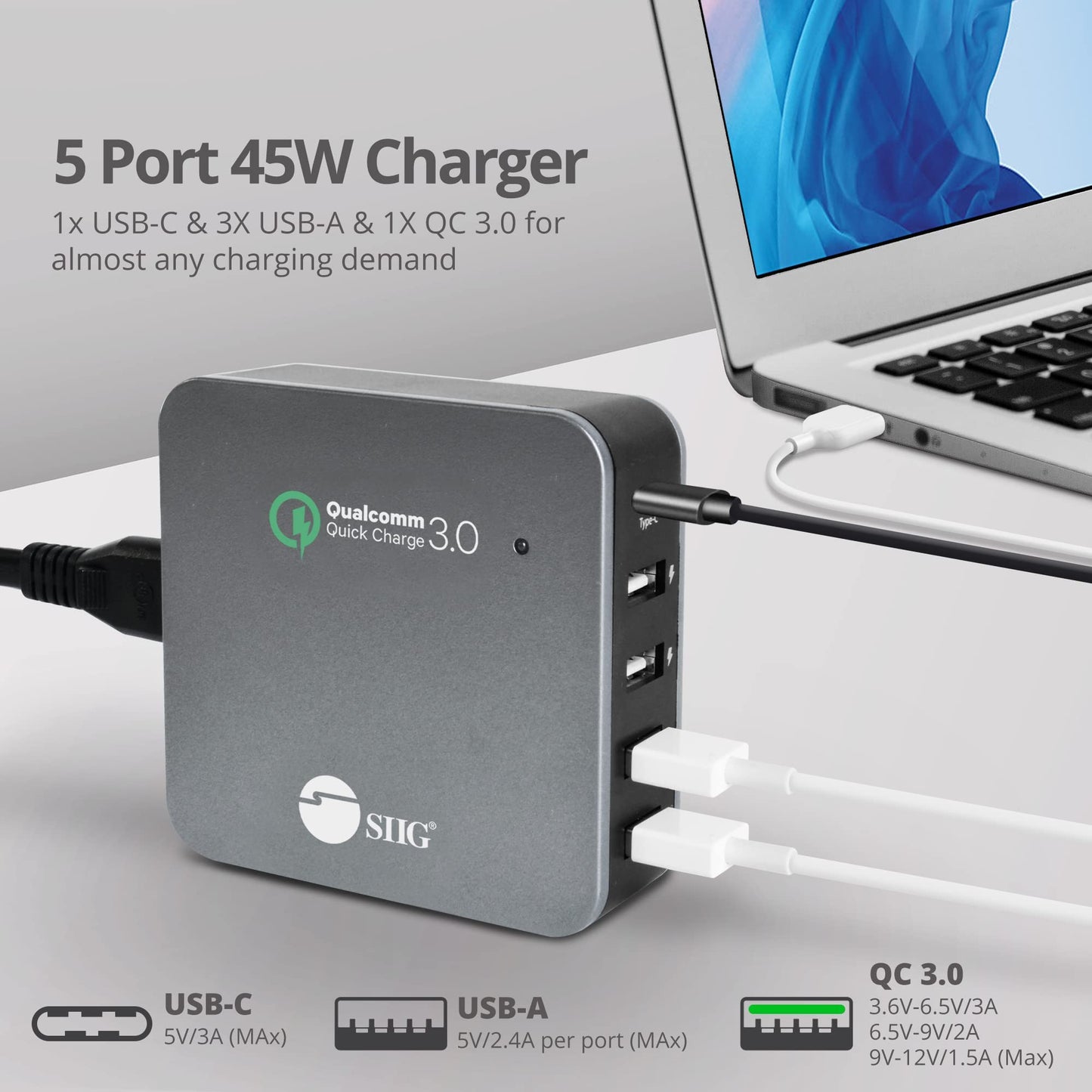 SIIG USB C Charger 5 Port 45W with Quick Charge 3.0, USB Type C & QC 3.0 Desktop Charging Station Plus Phone / Tablet Organizer Stand - Black