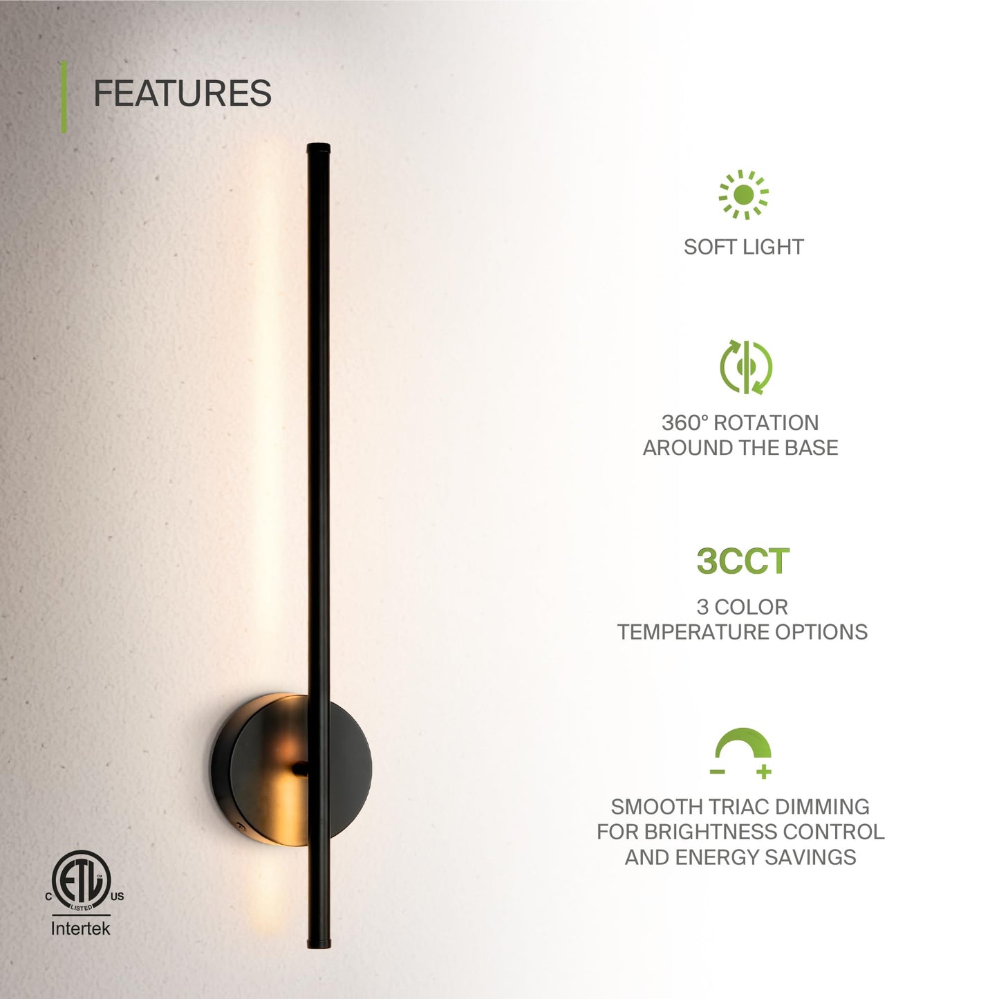 ASD LED 24" Linear Tube Wall Sconce, Modern Bathroom Light Bar | 3CCT, 360° Rotatable, Dimmable, ETL Listed | 8W 420LM 3000-5000K 100-277V | Bedroom