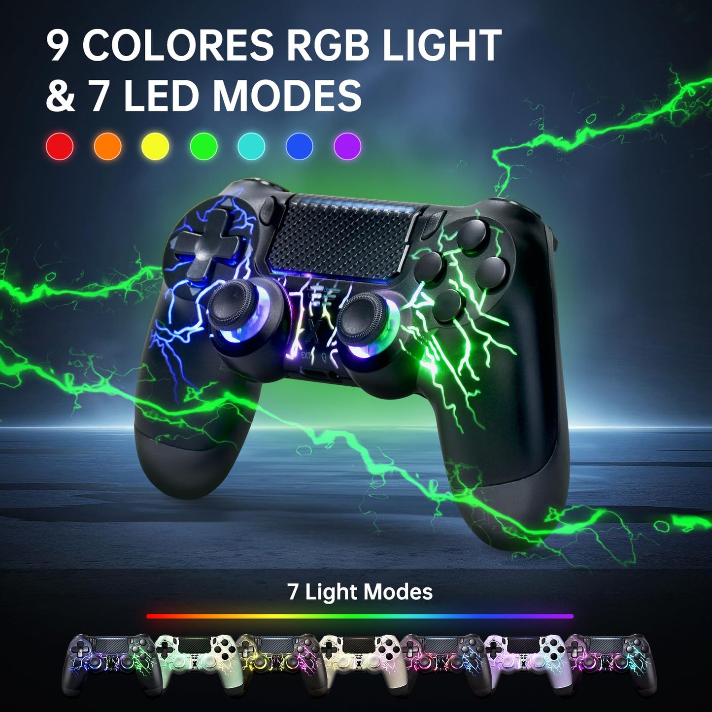 mone Wireless Controller for PS4/PS4 Pro/PS4 Slim & PC - Black Lightning Pattern RGB Illumination, Hall Effect Joystick, Dual Vibration, 6 - Axis