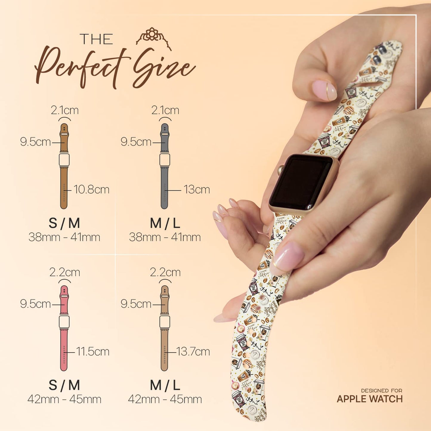 Lux Bands Smart Watch Bands for Women, Coffee Printed Silicone Watch Band, (38-41mm Small/Medium) Ladies Watch Strap Compatible with Smartwatches