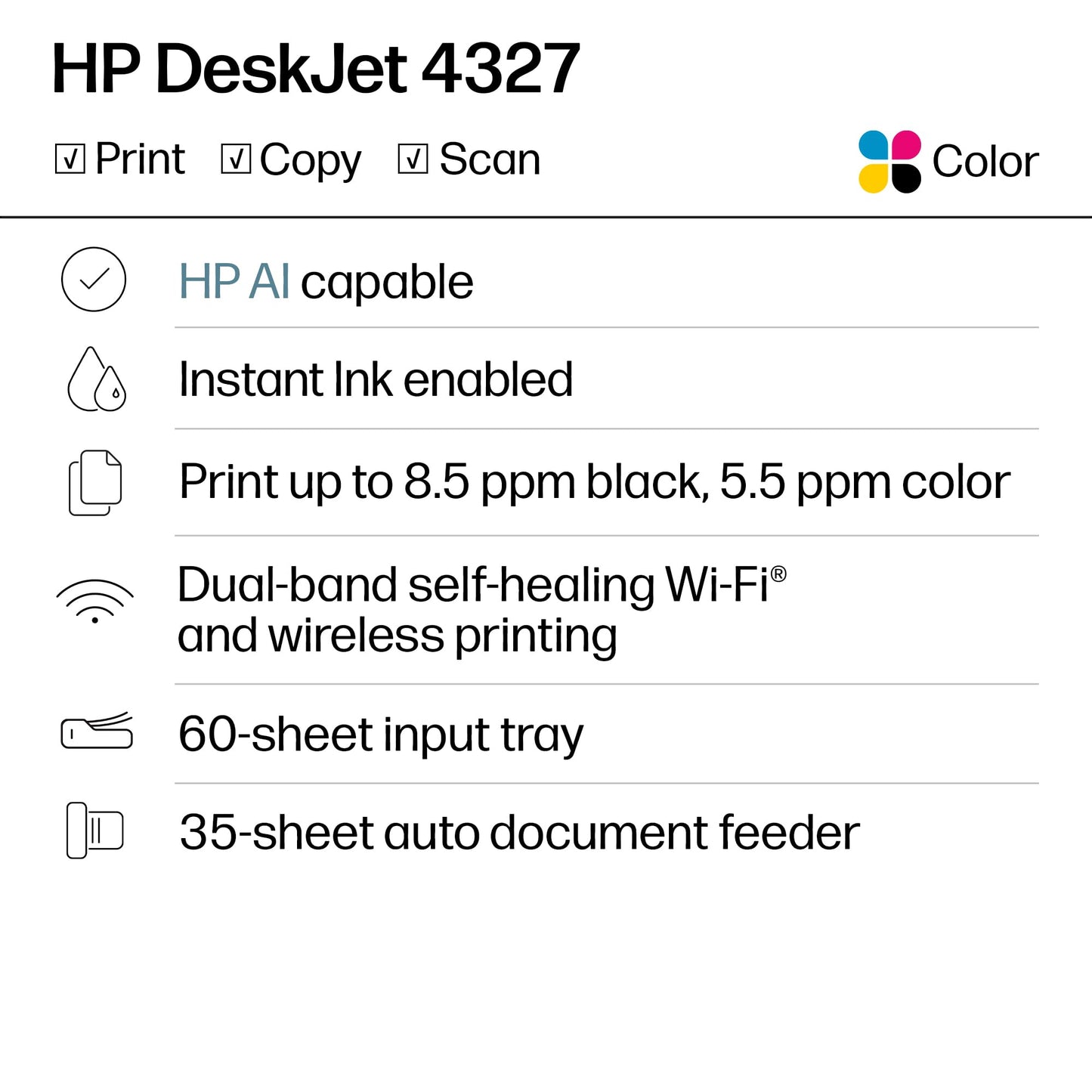 HP DeskJet 4327 Wireless All-in-One Color Inkjet Printer, Scanner, Copier, 6 Month Trial of Instant Ink Included, AI-Capable (B3ZF6A)