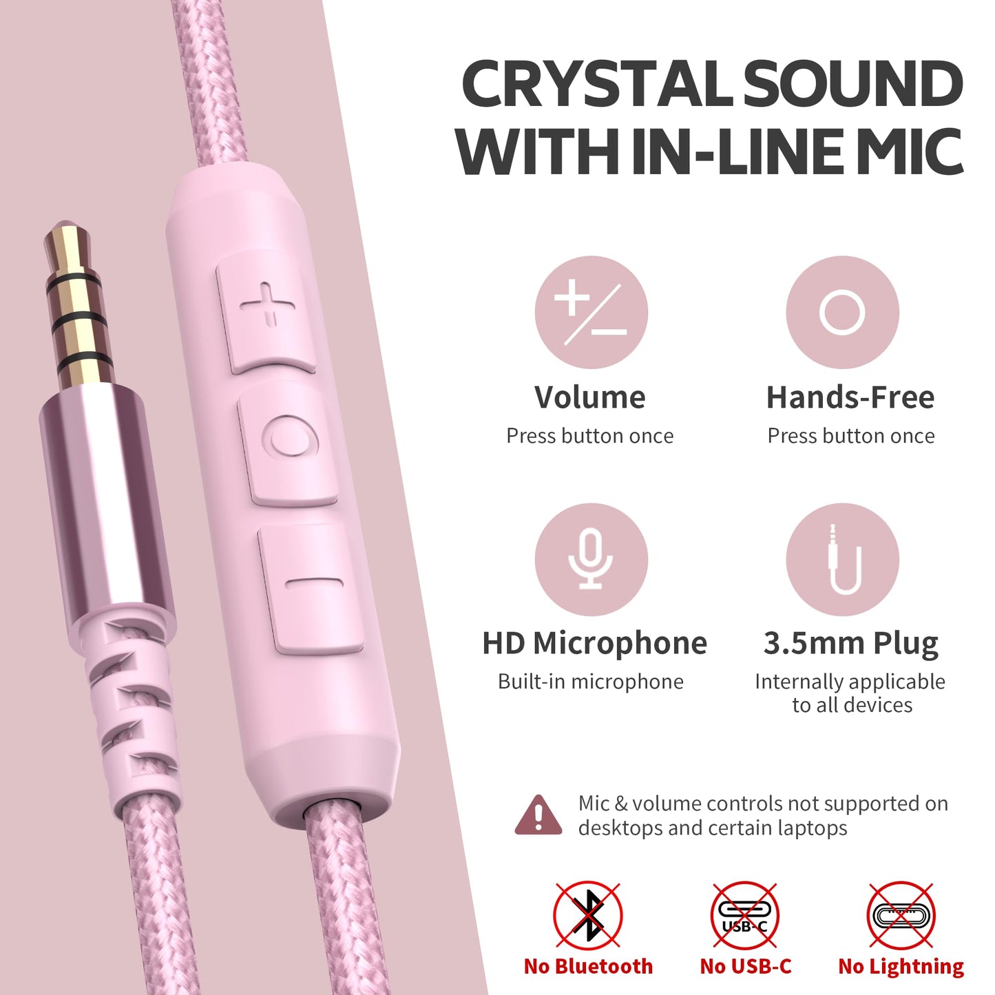 COOSII Wired Over-Ear Headphones Pink with Mic for School Work, 3.5mm Jack