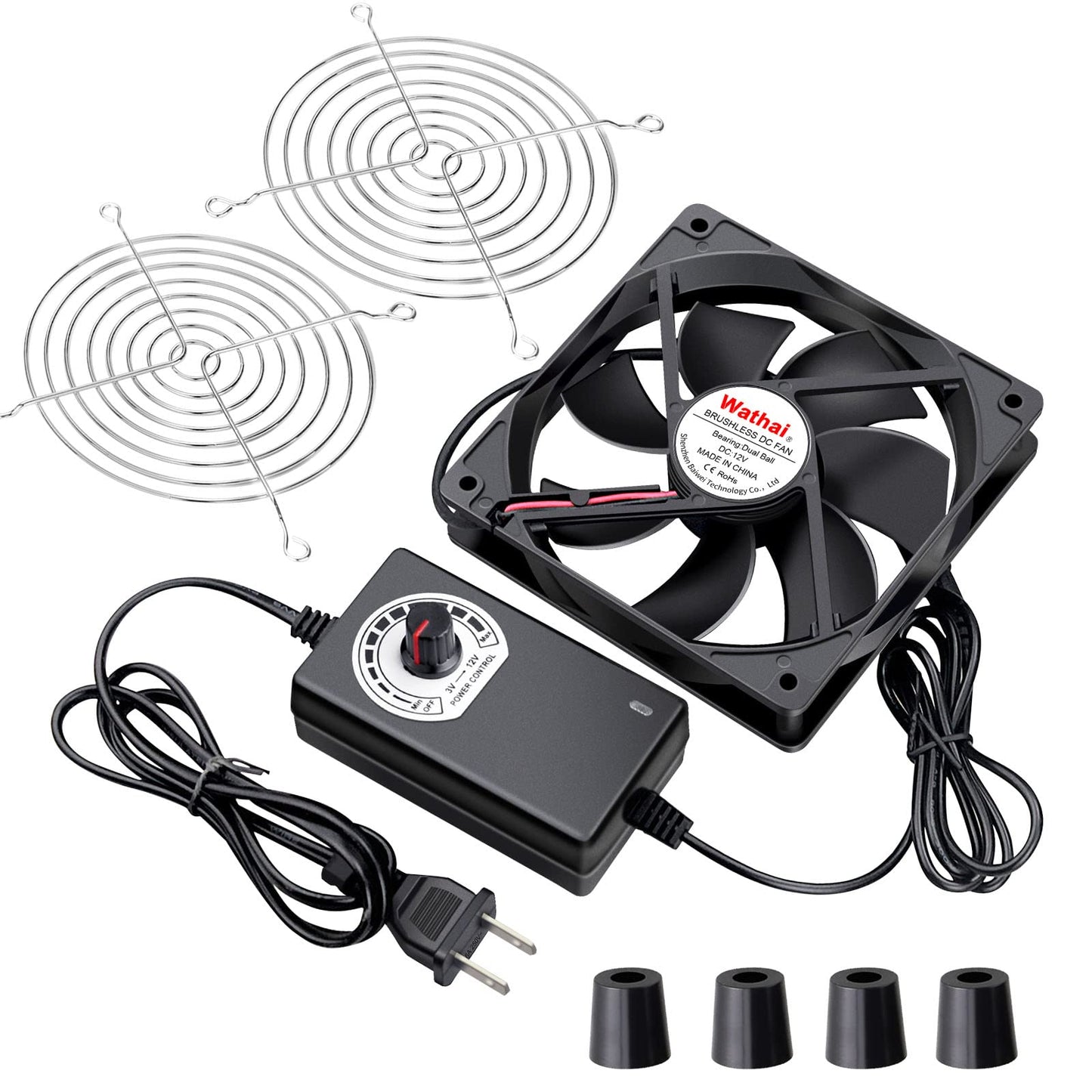 Wathai 120mm x 25mm AC Powered Computer Fan with AC Plug 110V 120V 220V 240V Variable Speed Controller 3V to 12V, for Biltong Box Greenhouse Receiver