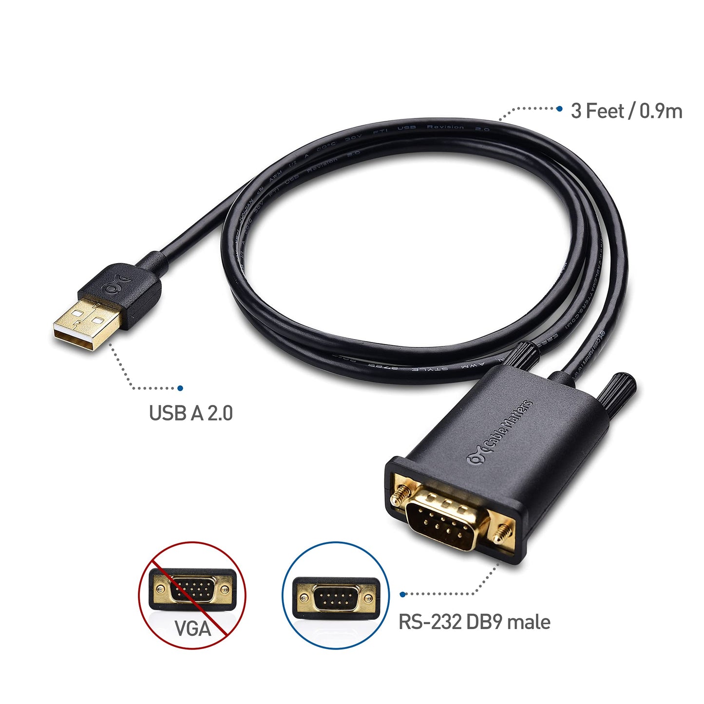 Cable Matters USB to Serial Adapter Male to Male Cable - 3ft, RS232 to USB2.0, USB to DB9 Cable, Supports Windows 11/10/8/7/Vista/XP, macOS 11.0 or