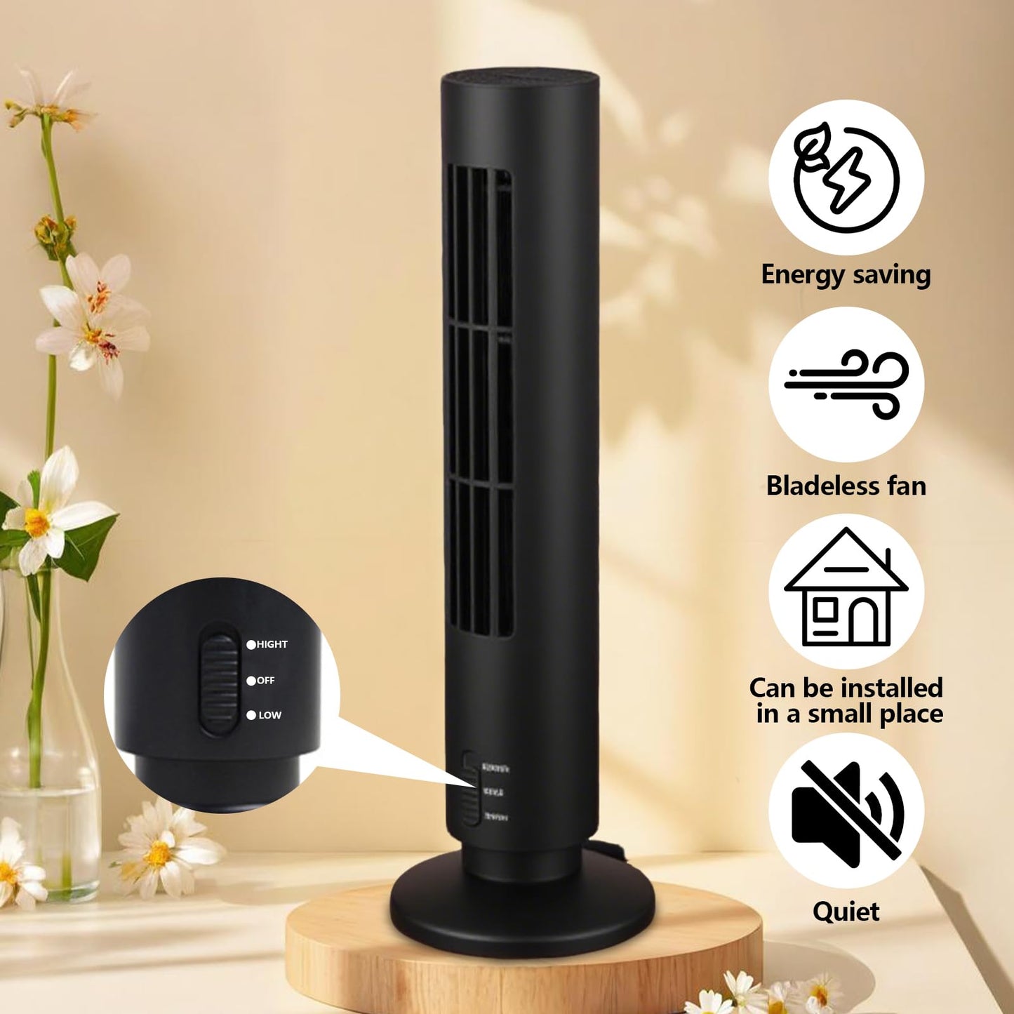 Gonetre Portable Air Cooler Vertical Bladeless Fan USB Desktop Air Conditioner Fan Mini Cooling Tower Fan for Home Office (Black)