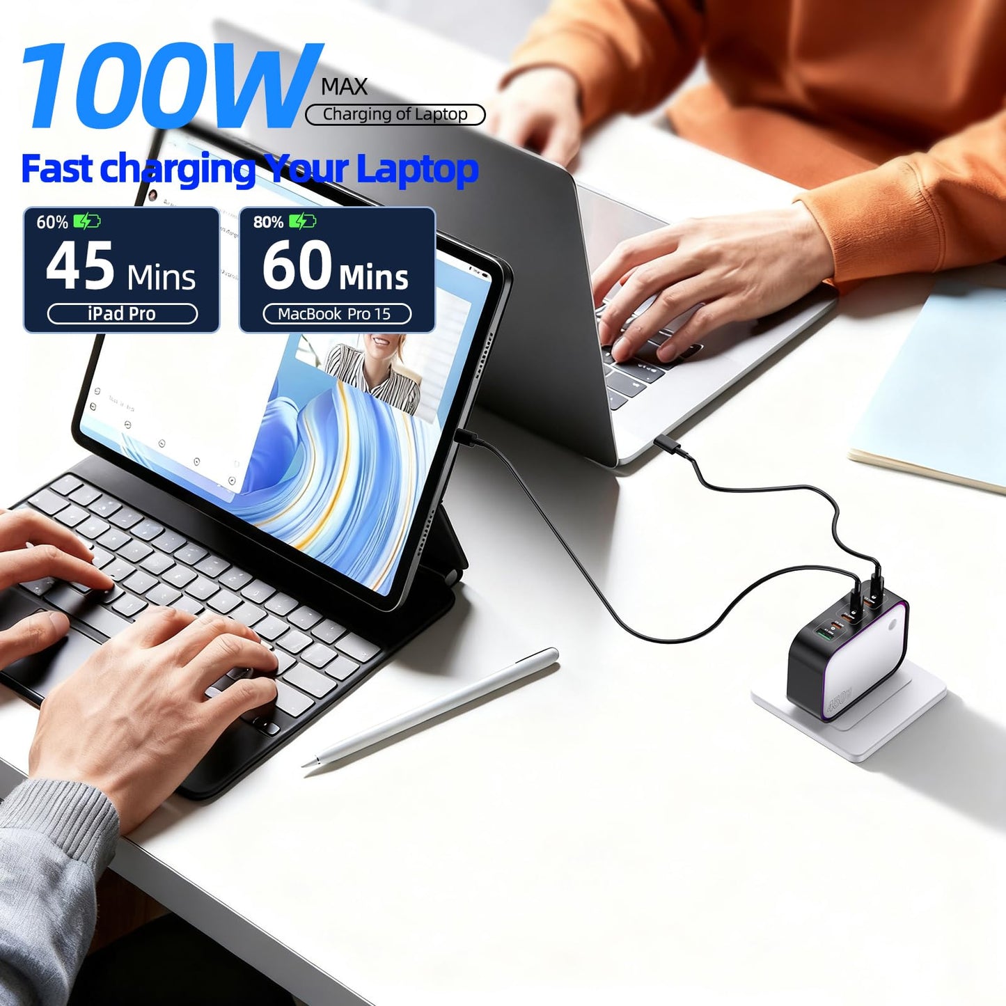 450W 6-Port Foldable GaN USB C Wall Charger, All-in-One Charging Station with Color LED | 100W PD Fast Charging Block for MacBook, iPhone, iPad