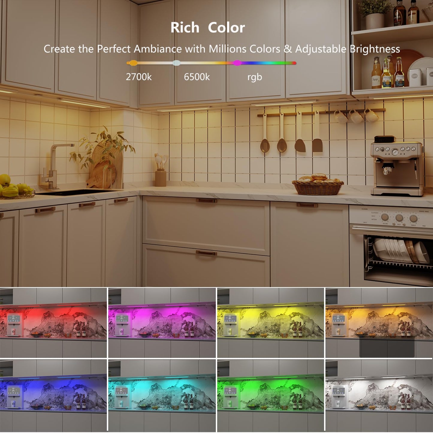 Smart Under Cabinet Lighting Plug In, RGB Multi Colored & White Work with Alexa, Google Assistant, APP, 12Inch Linkable LED Strip Lights Dimmable