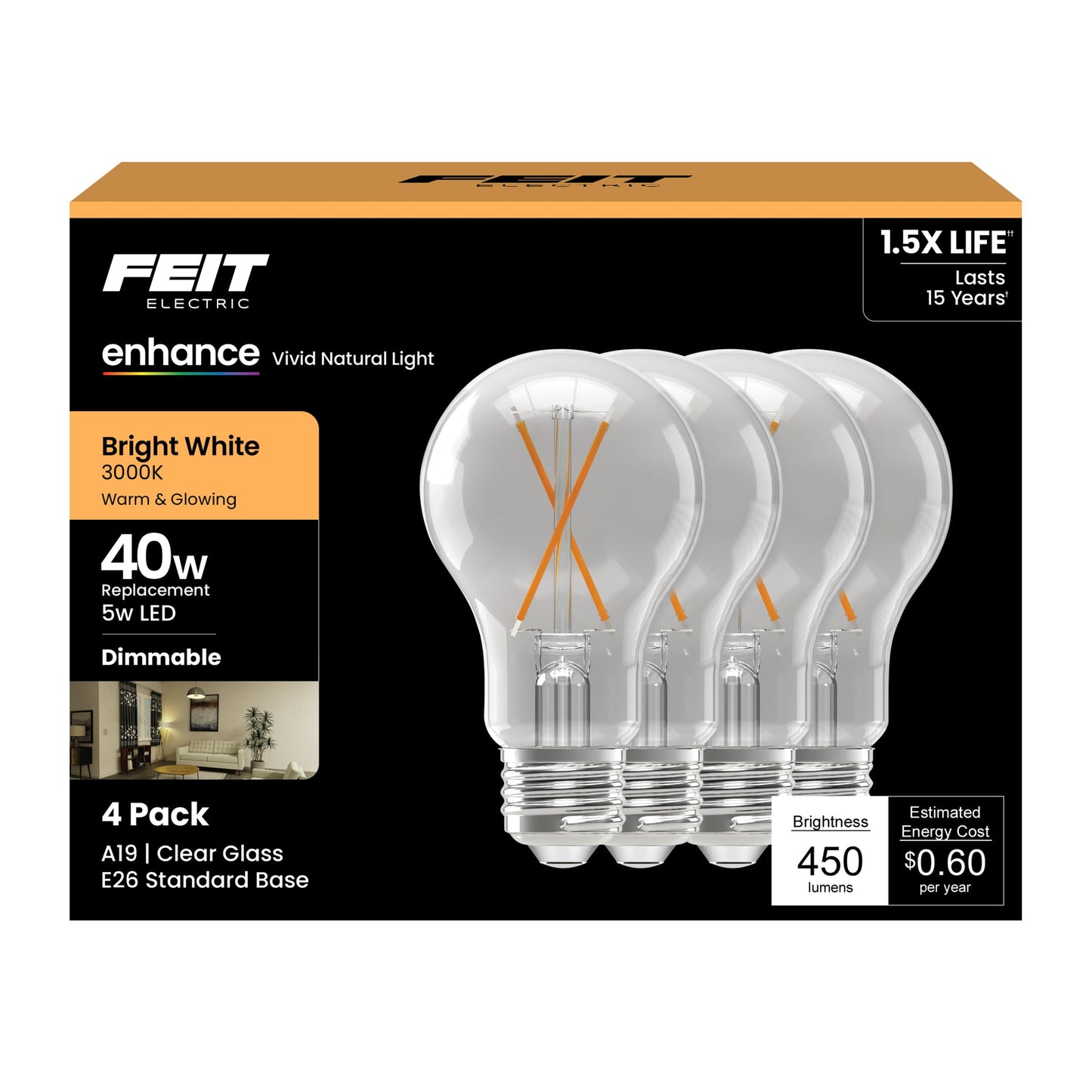 Feit Electric A19 Enhance LED Light Bulb, 40W Eq, Bright White, 4 Pack